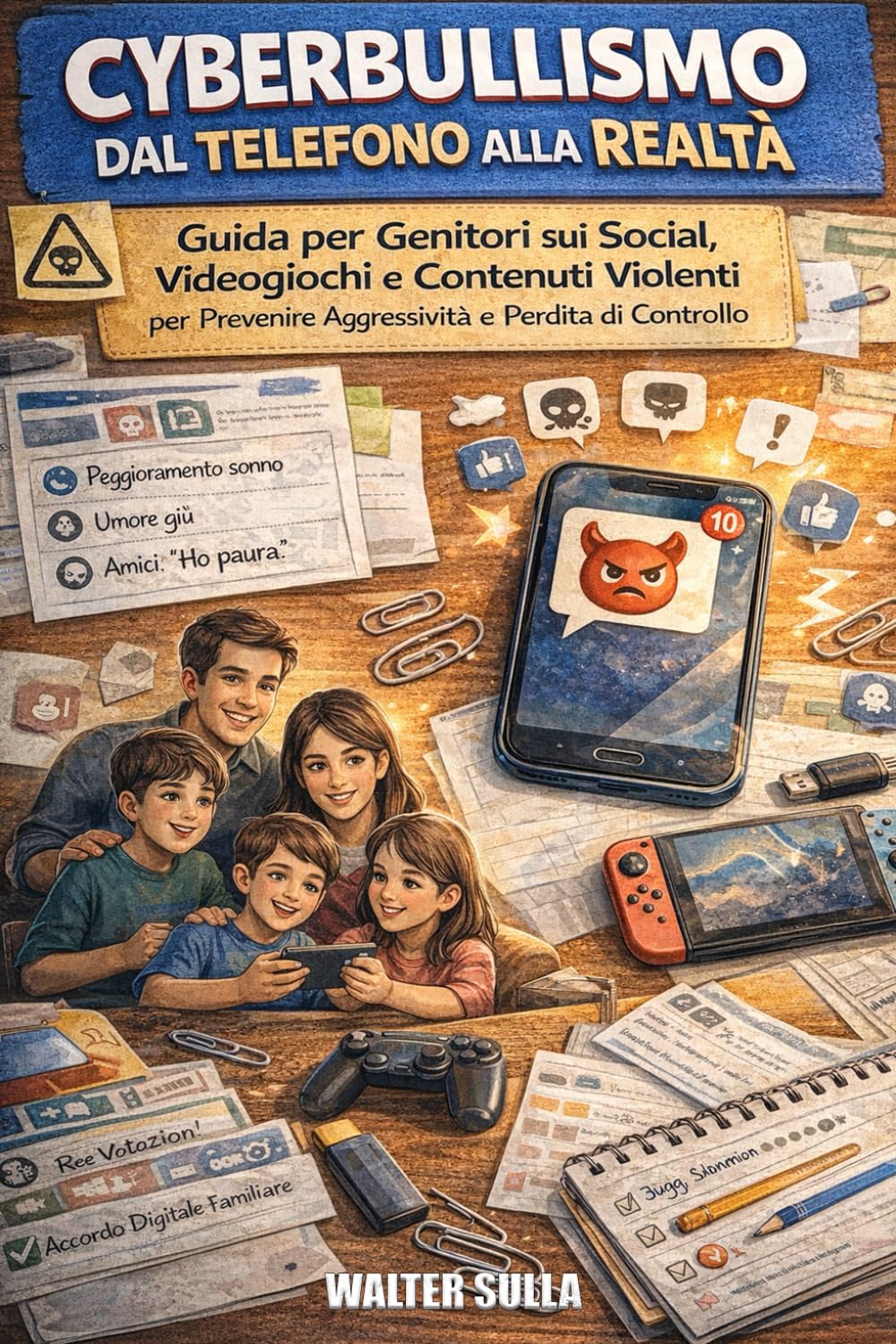 Cyberbullismo dal telefono alla realtà: Guida per genitori su social, videogiochi e contenuti violenti per prevenire aggressività e perdita di controllo.