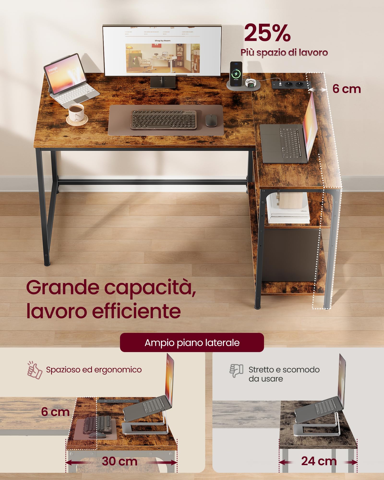 VASAGLE Scrivania a L, Scrivania Angolare per Computer con Prese e Porte USB, Ripiani Regolabili, 120 x 80 cm, per Ufficio in Casa, Marrone Vintage, Collezione BARNET LWD132KD01