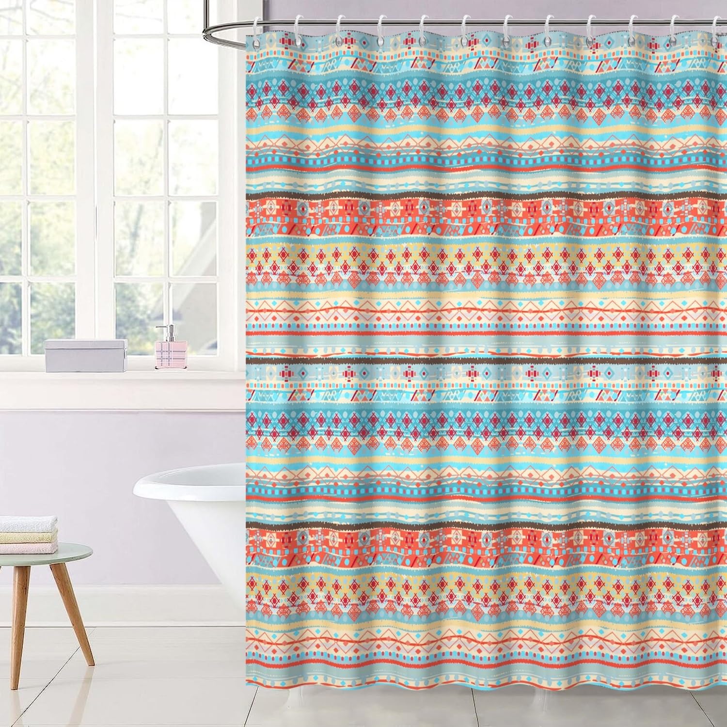 OERJU 69x70inch Colorful Boho Fabric Shower Curtain Stripe Geometric Classical Retro Pattern Chic Tribe Style for Bathroom Decor Waterproof Bathtub