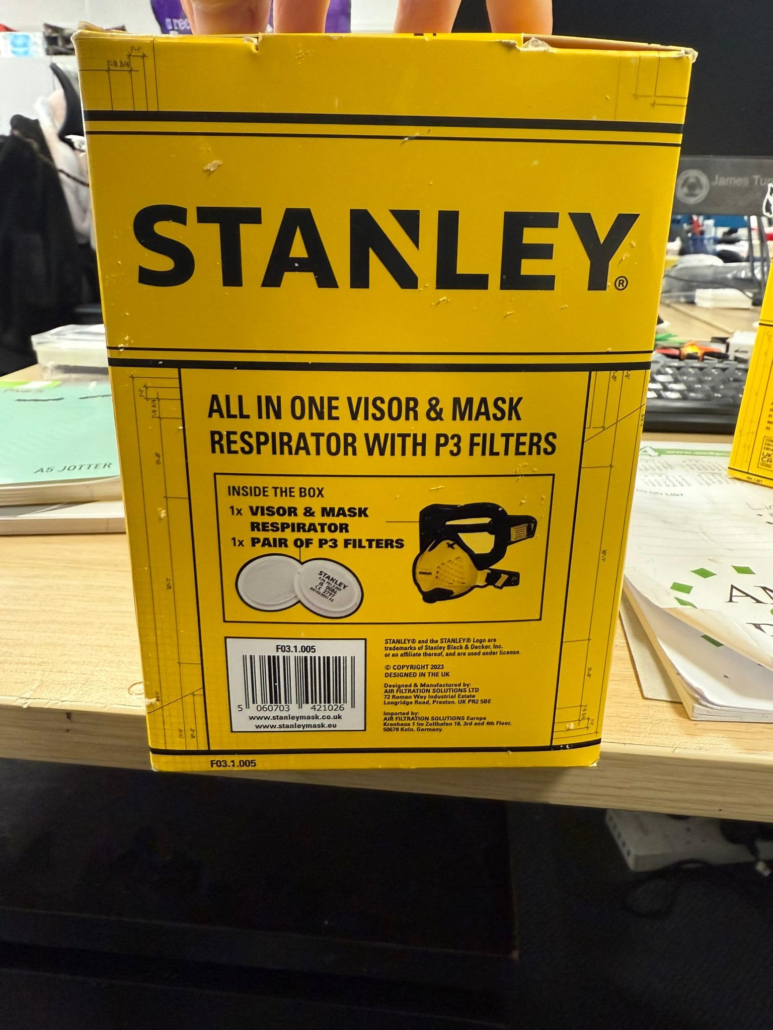 Stanley Technologia Combo-Visor Fit-Check i maksymalna 99,99% -P3 dopasowane filtry w zestawie gogle i do prac budowlanych, cienka maska piaskowa z oddychaniem, żółta, unisex, Żółty, Visor and Dust