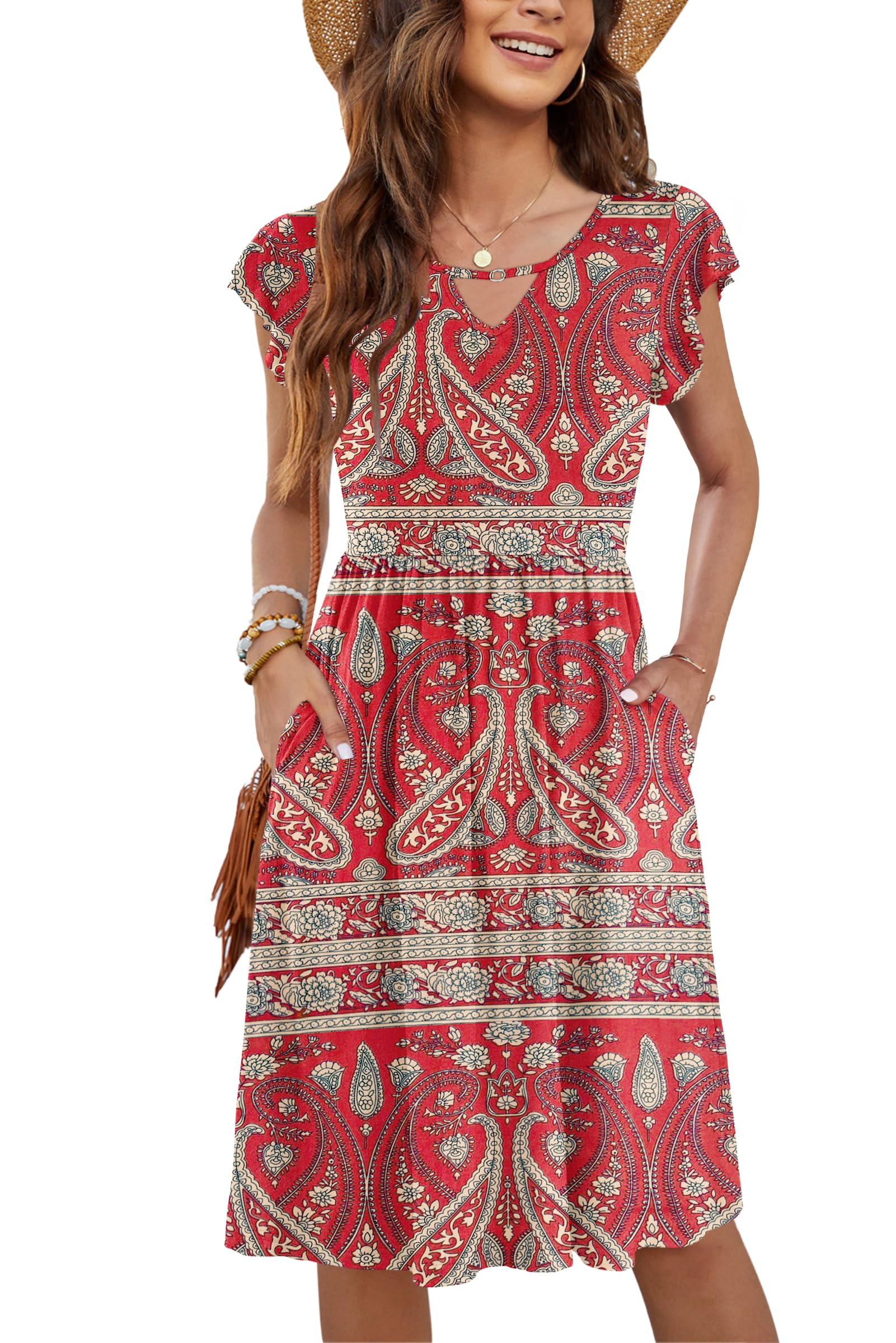 PLOKNRD Damen Sommerkleid Kurzarm V-Ausschnitt Blumenkleid Rüschen Ärmel Freizeitkleid Knielang mit Taschen