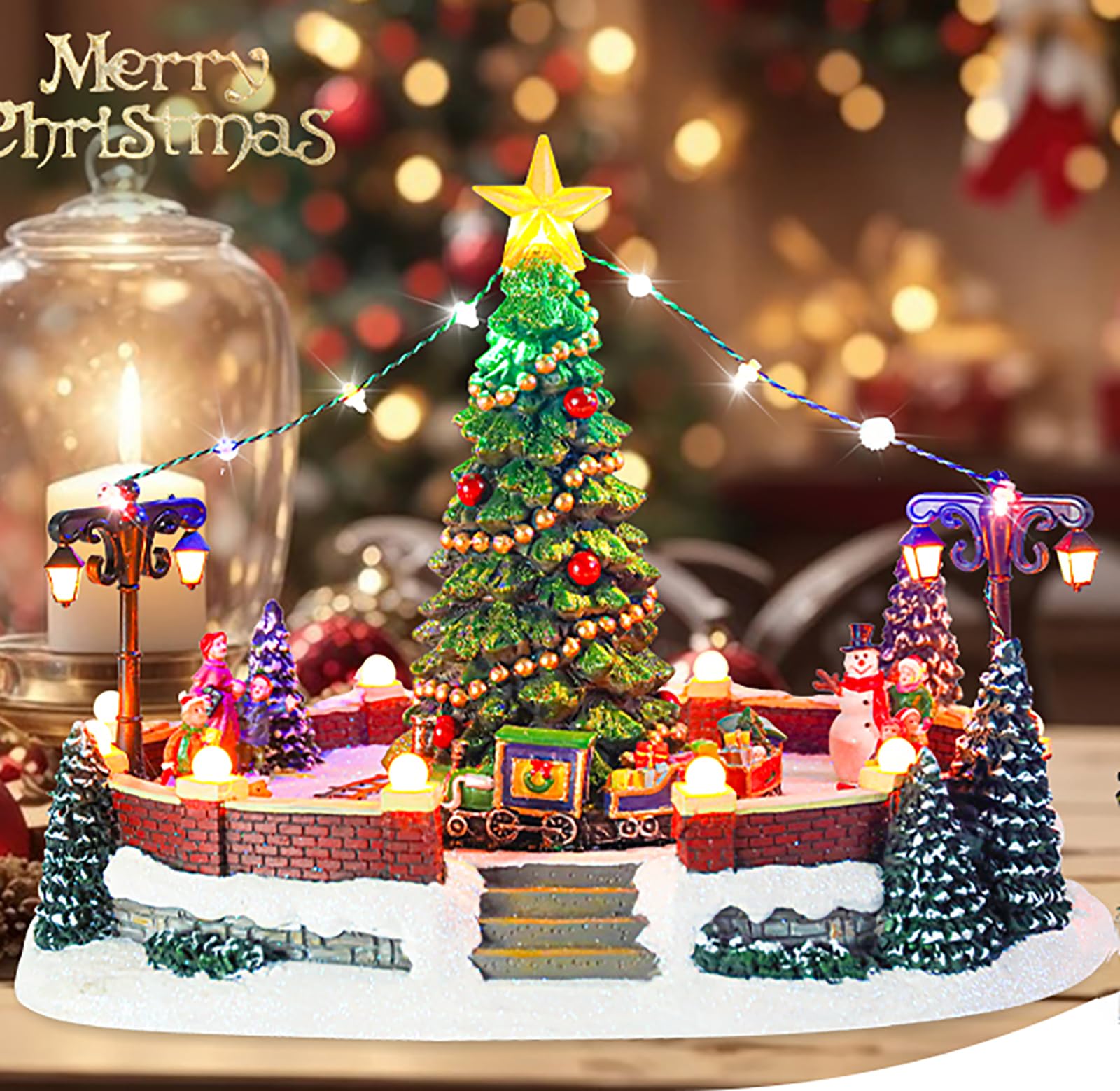 MUMTOP Village de Noël carré avec train mobile, train rotatif lumineux avec musique pour décoration de table de Noël en intérieur