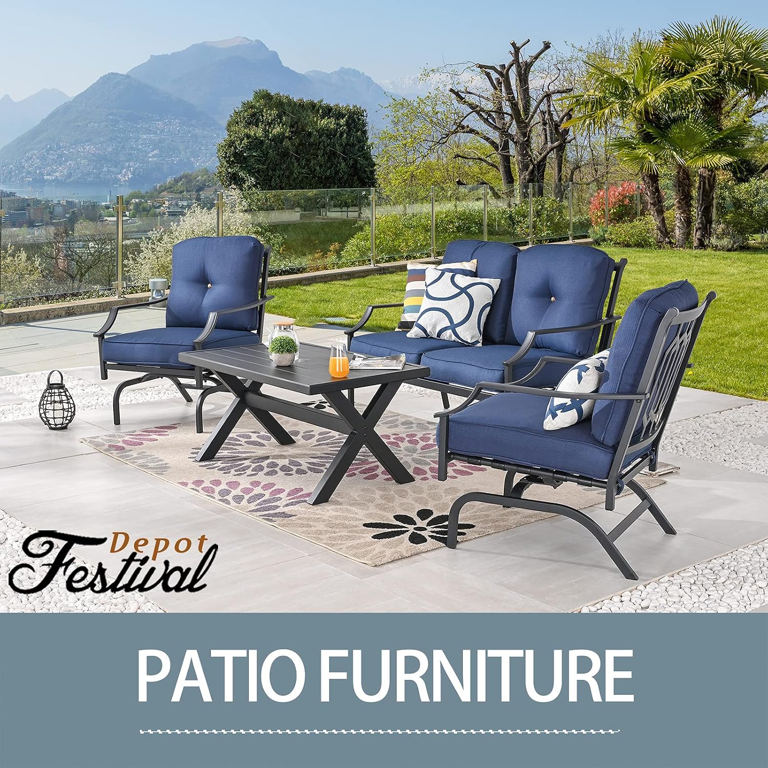 Festival Depot 4 pc Patio Conversation Set Metal Armchairs Loveseat and Coffee Table with Thick Cushions Outdoor Furniture for Garden Deck Bistro (Blue)