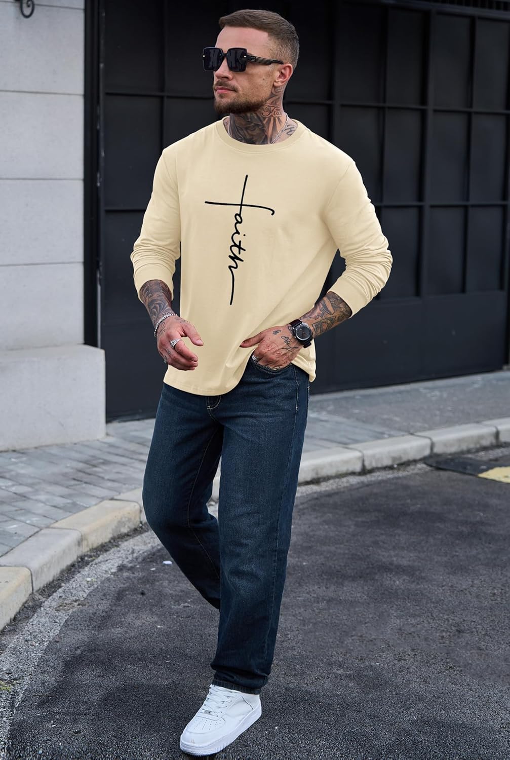 Mens Graphic Tshirt Casual Print Stretchy Long Sleeve Crewneck Tee Shirt (S-XXL) - Image 7