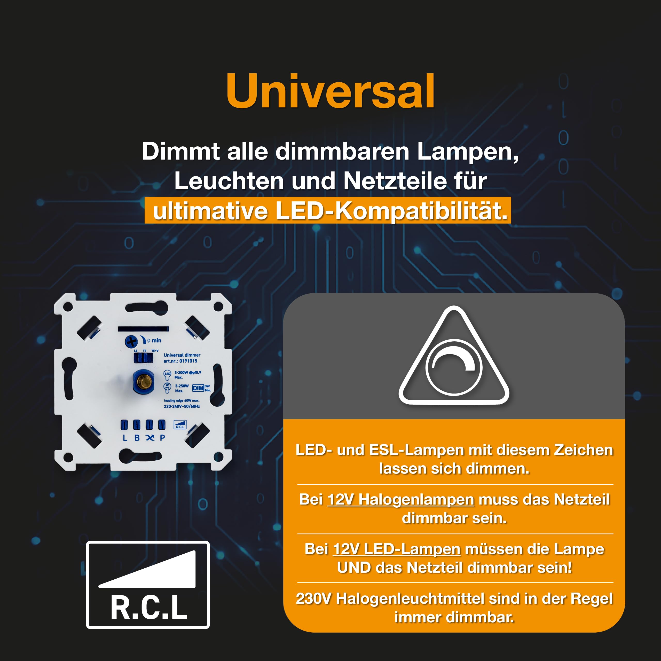 LED-Dimmer 3-250W Digital, nur 16 mm Einbautiefe, UP-Drehdimmer zum Dimmen von LED und Halogen 3-250 W kompatibel mit Busch-Jaeger, Gira, Kopp, Merten, Jung, Berker, Phasenanschnitt Phasenabschnitt