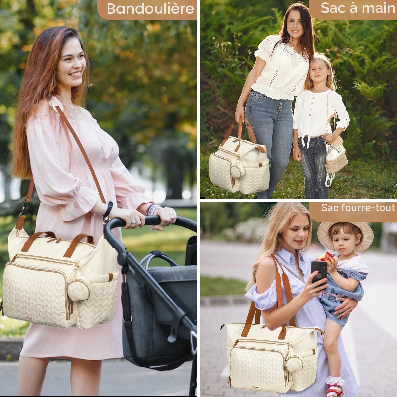 Grand sac à langer imperméable pour accouchement avec étui à tétine, matelas à langer, bandoulière - Beige
