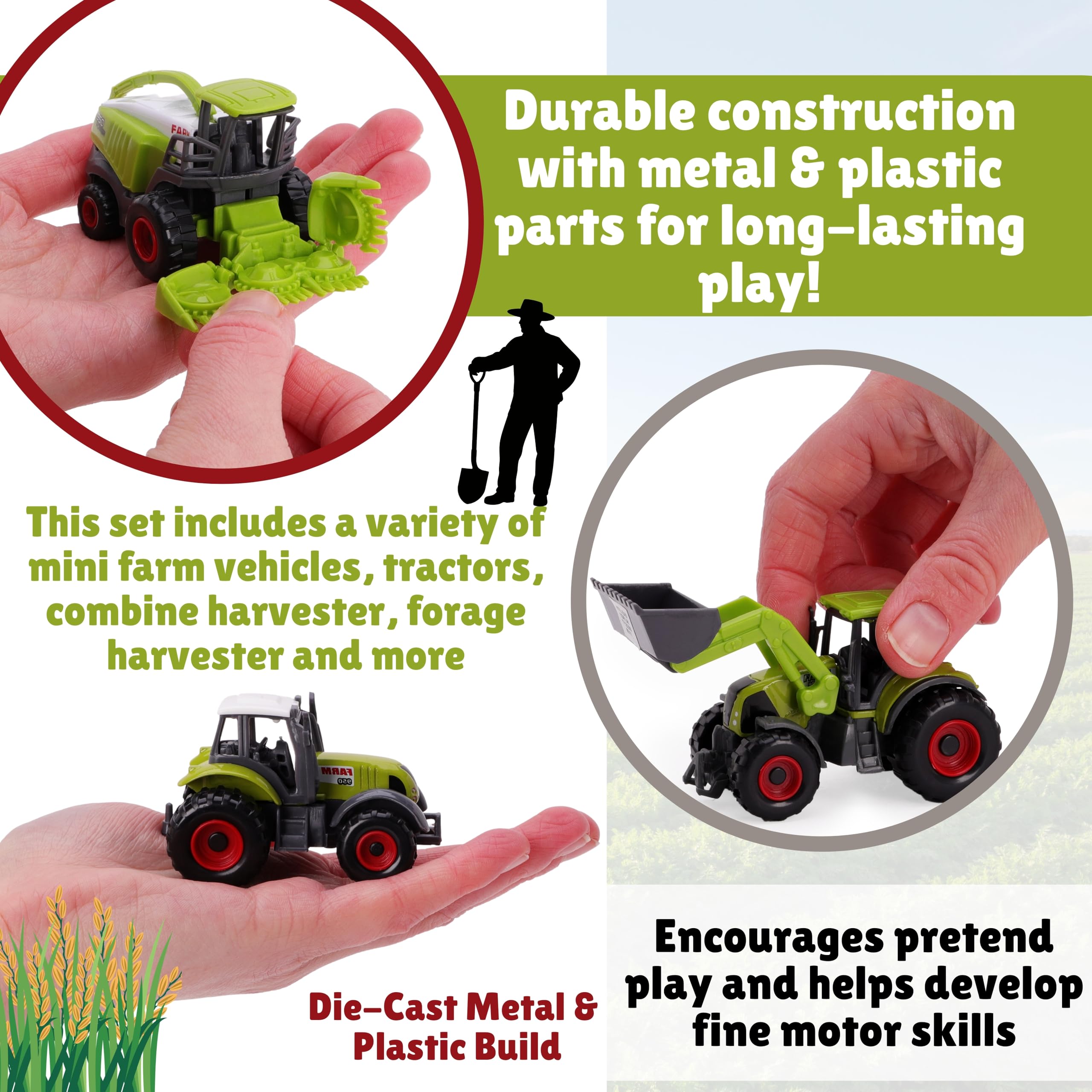 Toyland® Set di 5 giocattoli per macchine agricole in metallo pressofuso verde - circa 4,5 cm ciascuno - Include trattori, mietitrebbie e altro!