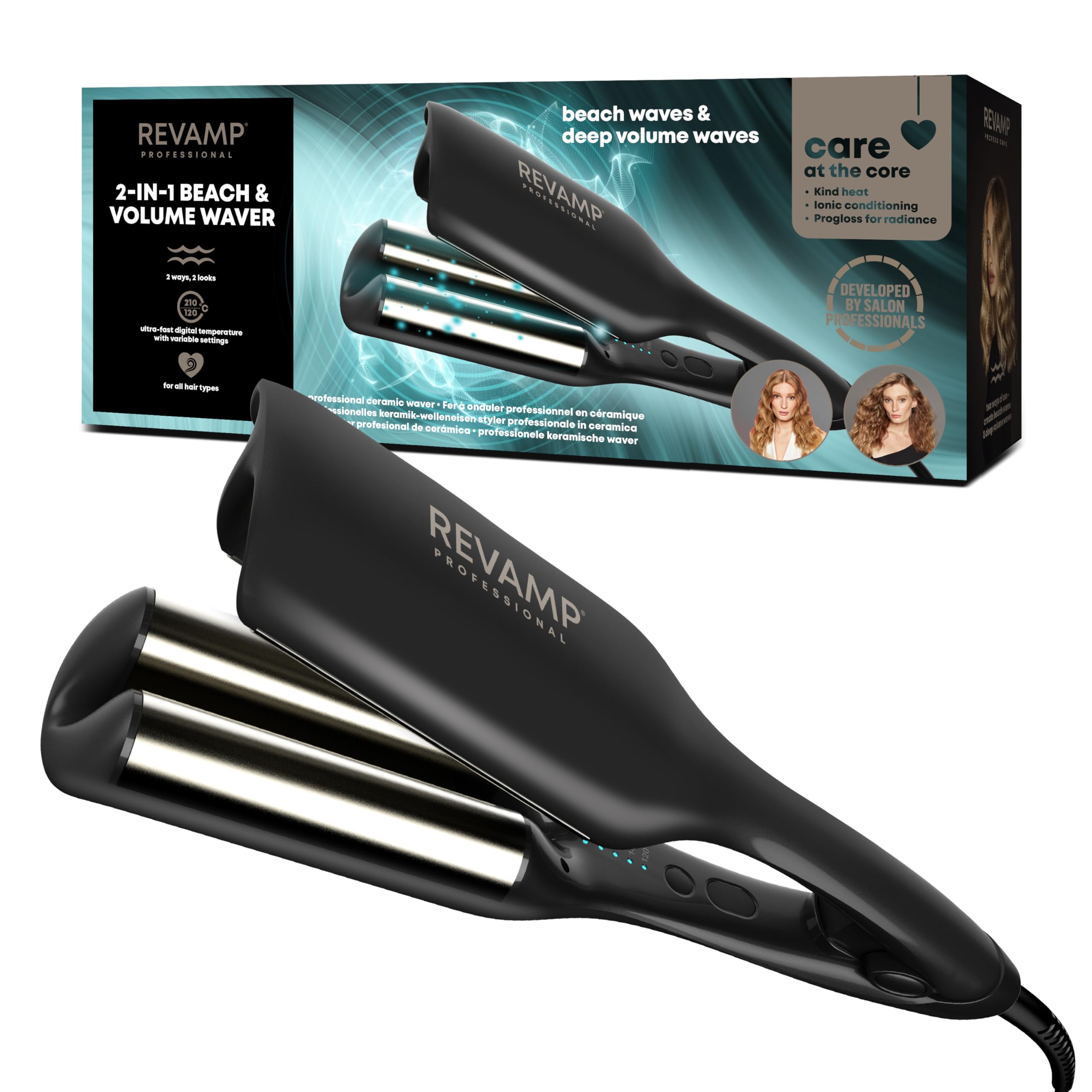REVAMP 2 en 1 Beach & Volume Waver – Rizador de pelo para ondas con plancha profesional, cerámica y aceites Progloss, estilo con volumen u ondas suaves tipo playa para cabello corto, medio y largo