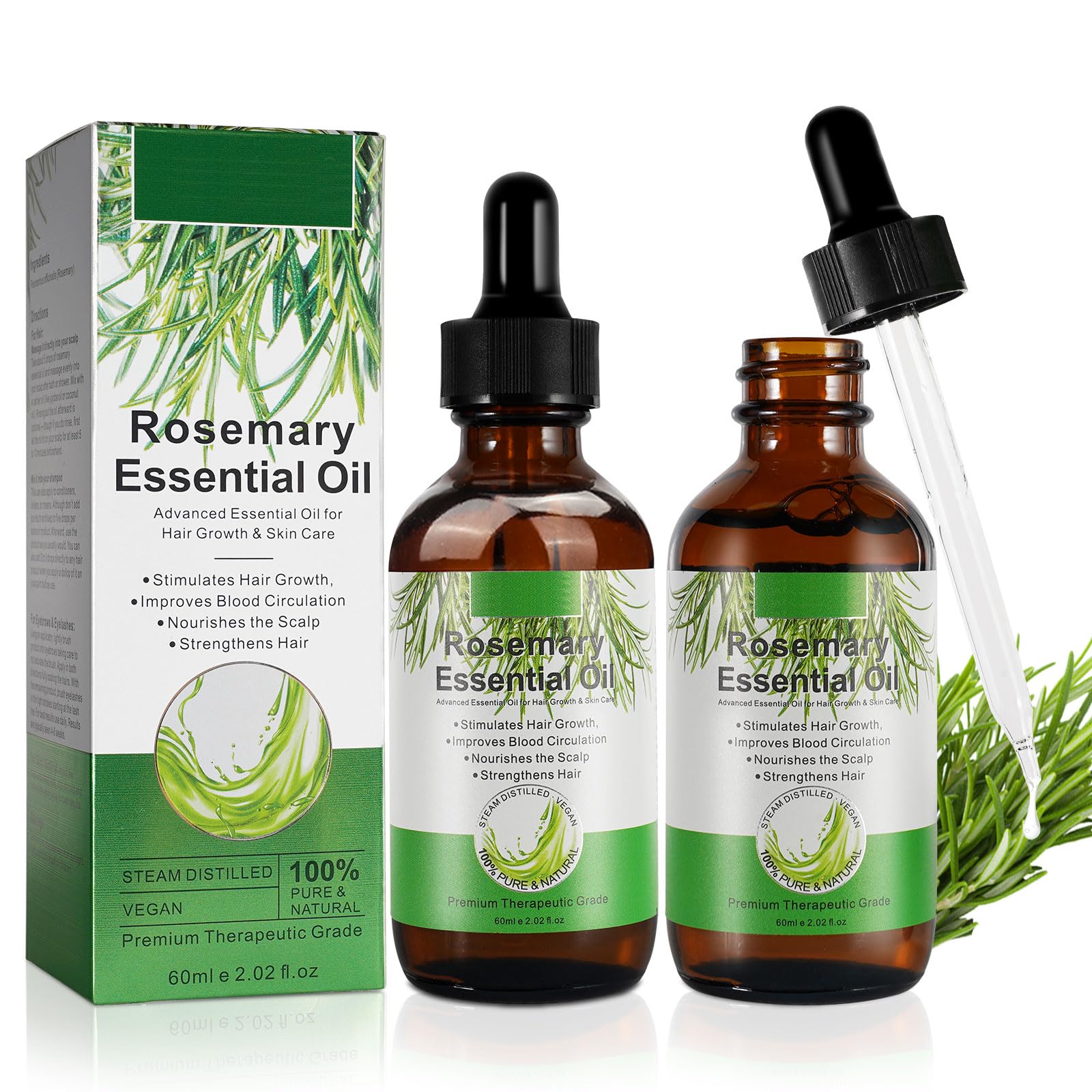 Rosemary Oil for Hair Growth, Rosemary Essential Oil for Skin & Hair Care & Eyelash Growth, Improve Hair Loss & Nourishes Scalp, Strengthens Hair Growth Oil, Perfect for Aromatherapy (2PC)