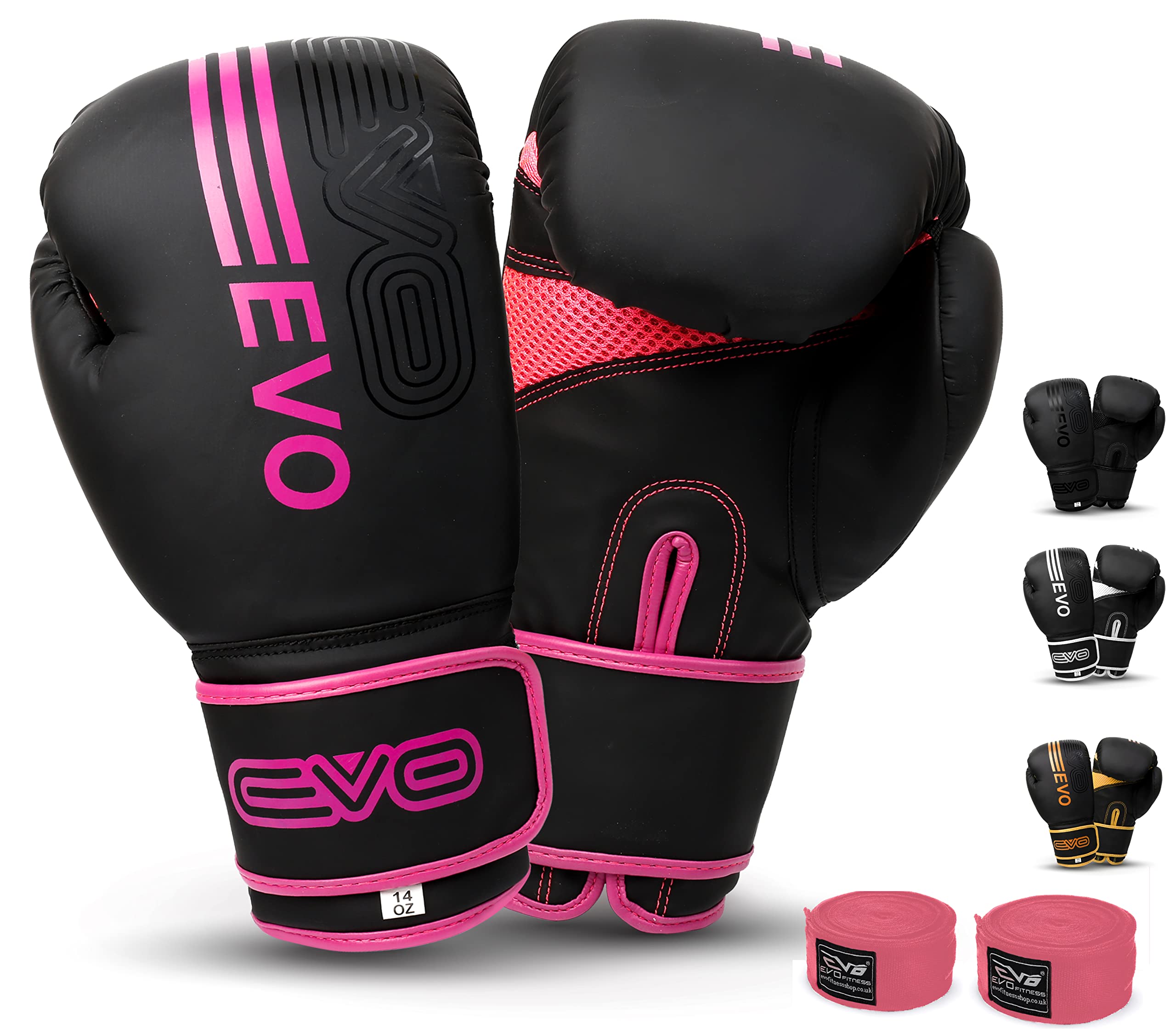 EVO Fitness Matte Black Boxing Gloves MMA Muay Thai Martial Arts Kick Boxing Sparring Training Fighting Men Punch Bag Women Pink Gloves With Hand Wraps