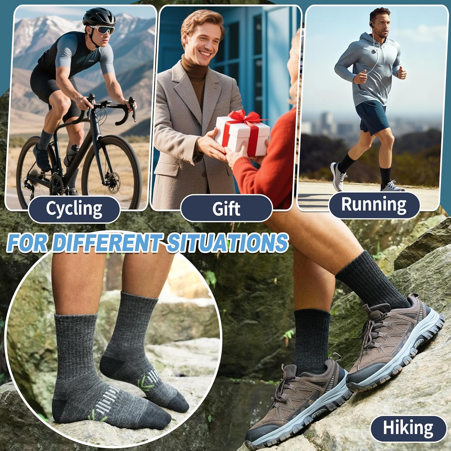 Merino Wool Hiking Socks Thermal Winter Warm Cozy Cushioned Moisture Wicking Crew Socks for Men 5 Pairs - Image 6