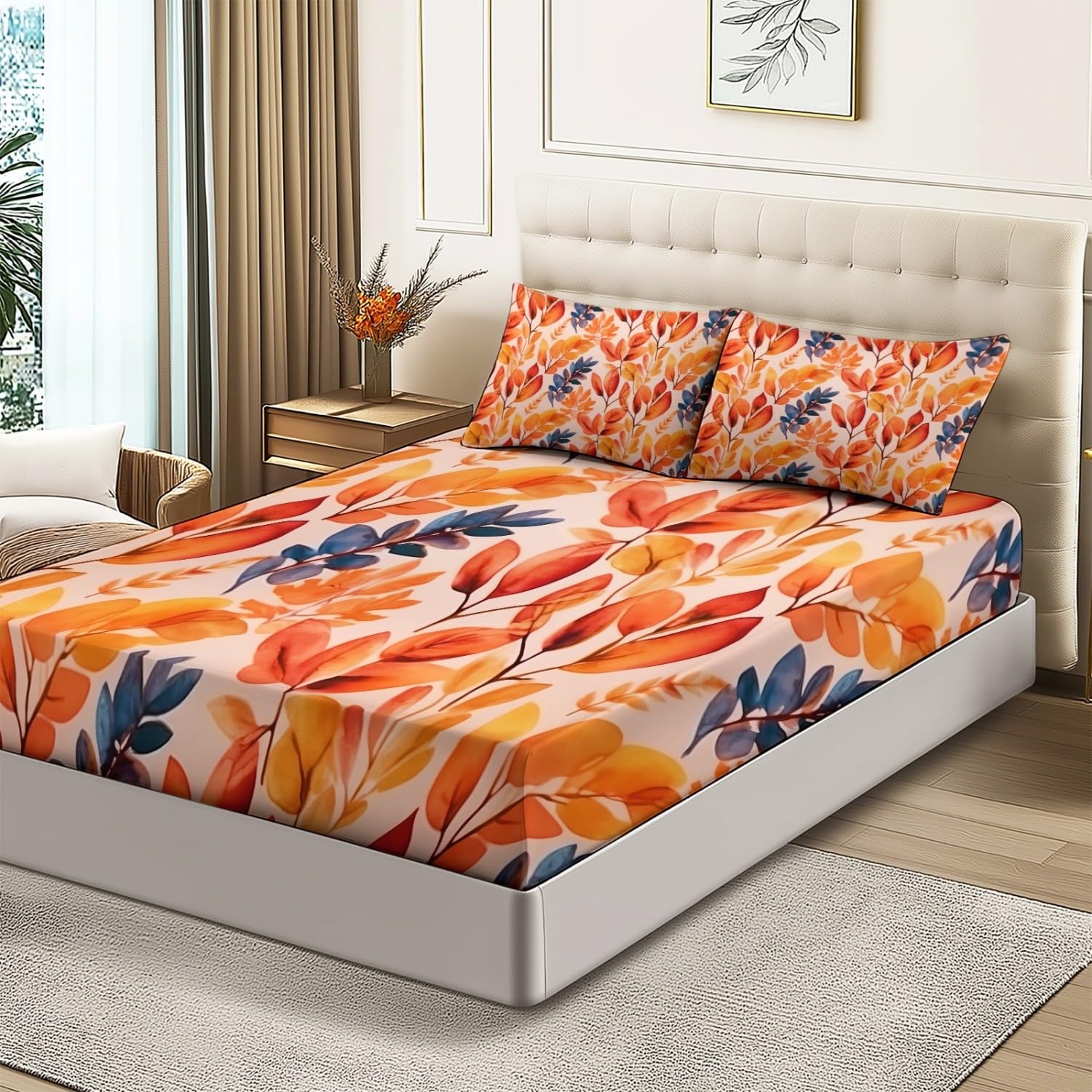 Drap Housse Bohème Aquarelle Feuilles d'automne Imprimer, 140 x 190 cm Résistance à la Déchirure Drap-Housse avec Poche 30 cm de Profondeur, Couleur Orange Ensembles de literie pour Dortoirs Hôtels