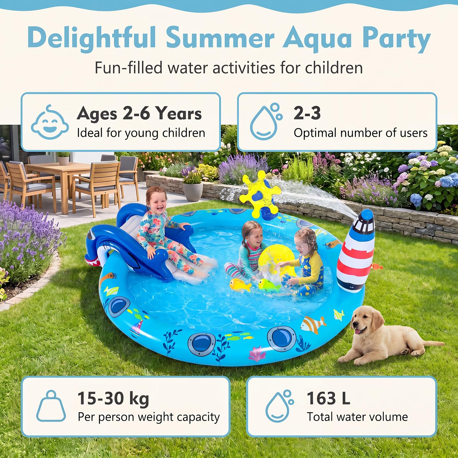 HOMASIS Piscina Gonfiabile per Bambini 2-6 Anni, Piscinetta con Scivolo Sicuro, Spruzzo a Faro e Giocattoli, Parco di Giochi in Vinile, Gonfiaggio Facile, per Cortile e Giardino, 188 x 153 x 63 cm