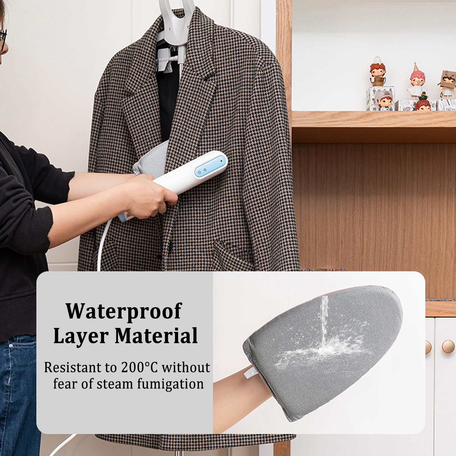Soporte de Vapor para Ropa Con Plancha de Mano, Guante de Planchado, Trípode Telescópico y Percha (Gris Claro)