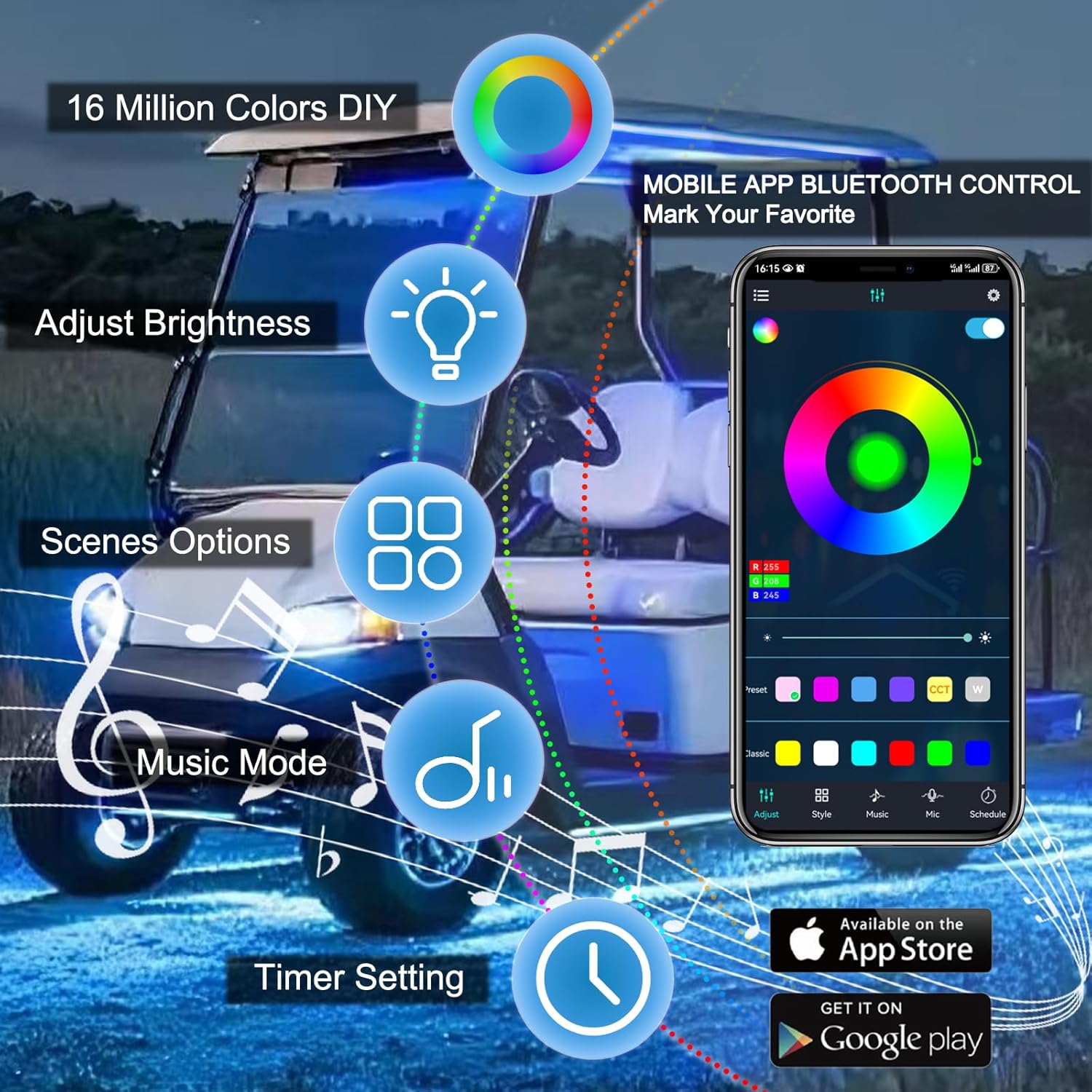 Golf Cart Underbody and Canopy LED Lights 6Pcs, 12V - 80V Input Golf Cart Underglow Light Kit Bluetooth APP Control for EZGO Club Car Yamaha, Music Mic Sync Modes (Included Voltage Reducer)