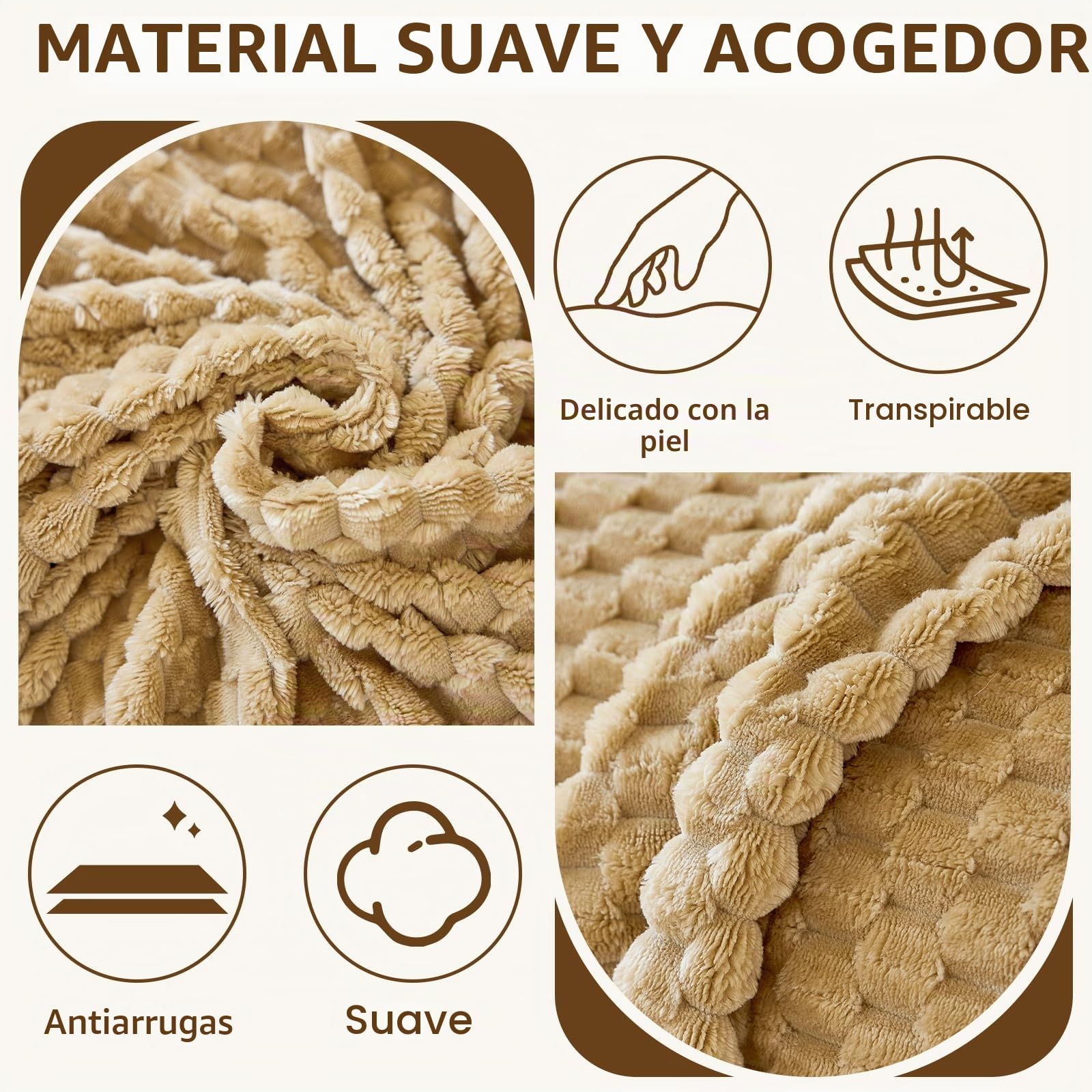 Royhom Manta Cubre Sofa Peluda, Funda Sofa 3 Plazas, Funda para Sofá Camel, Fundas Sofá con Base Antideslizante, Antiarrugas (Peluda Camel, 180x340 cm)