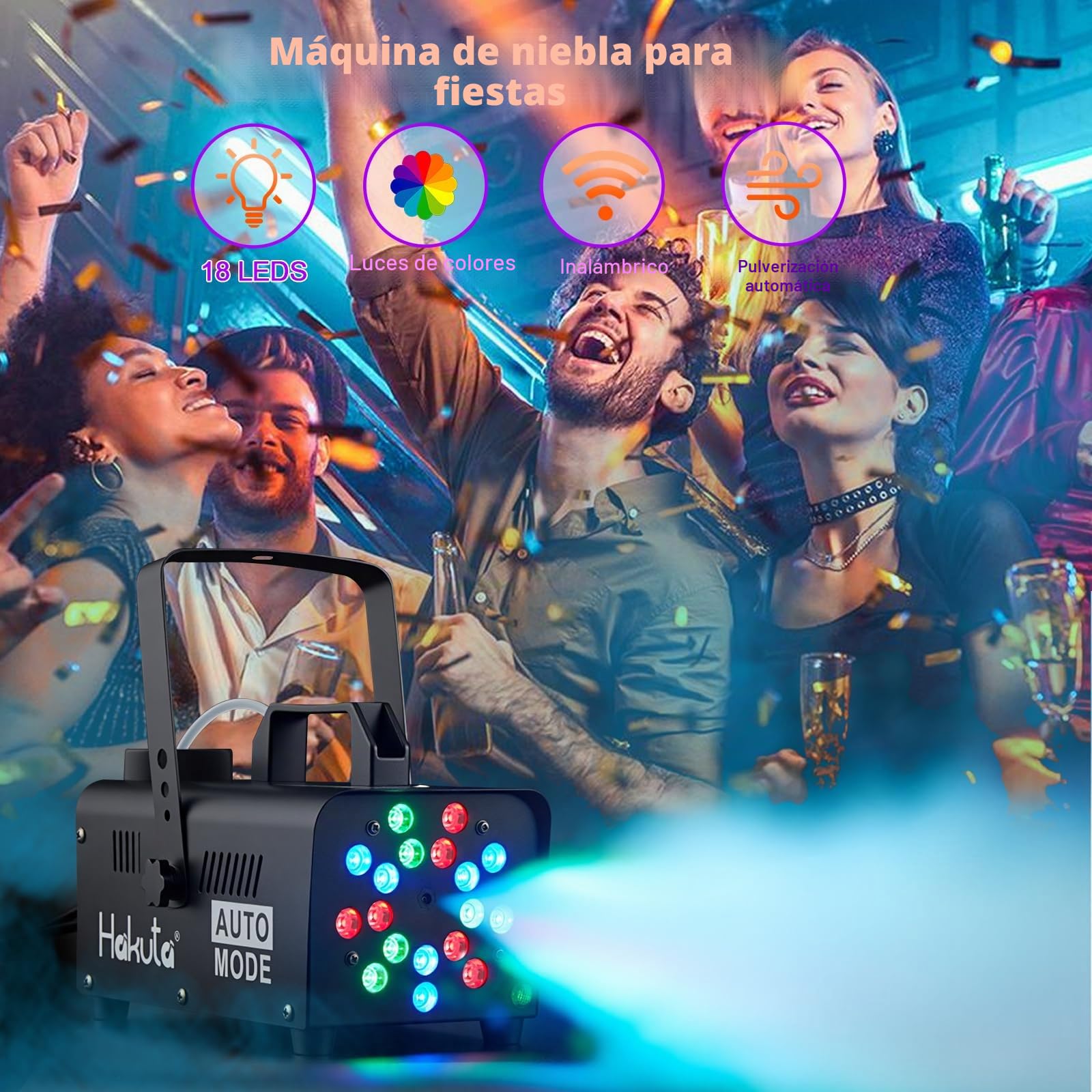 Hakuta Máquina de Humo con 18 Luces LED, Máquina de Niebla Automática para Halloween, Bodas y Fiestas DJ con Modos Carrera