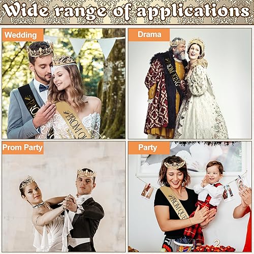 Miniatura 7 de Juego de 4 coronas de graduación King y Queen con fajas, coronas King para hombres, banda de satén brillante con diamantes de imitación, corona de