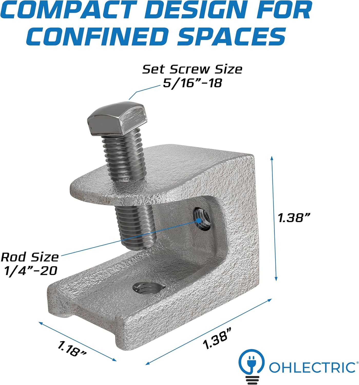 OHLECTRIC Malleable Iron Rod Support Beam Clamp – Zinc Plated for Corrosion Resistance – 3/4" Jaw Opening – Supports 5/16”-18 Set Screws & 1/4”-20 Rods – Rated for Up to 125 lbs Load Capacity