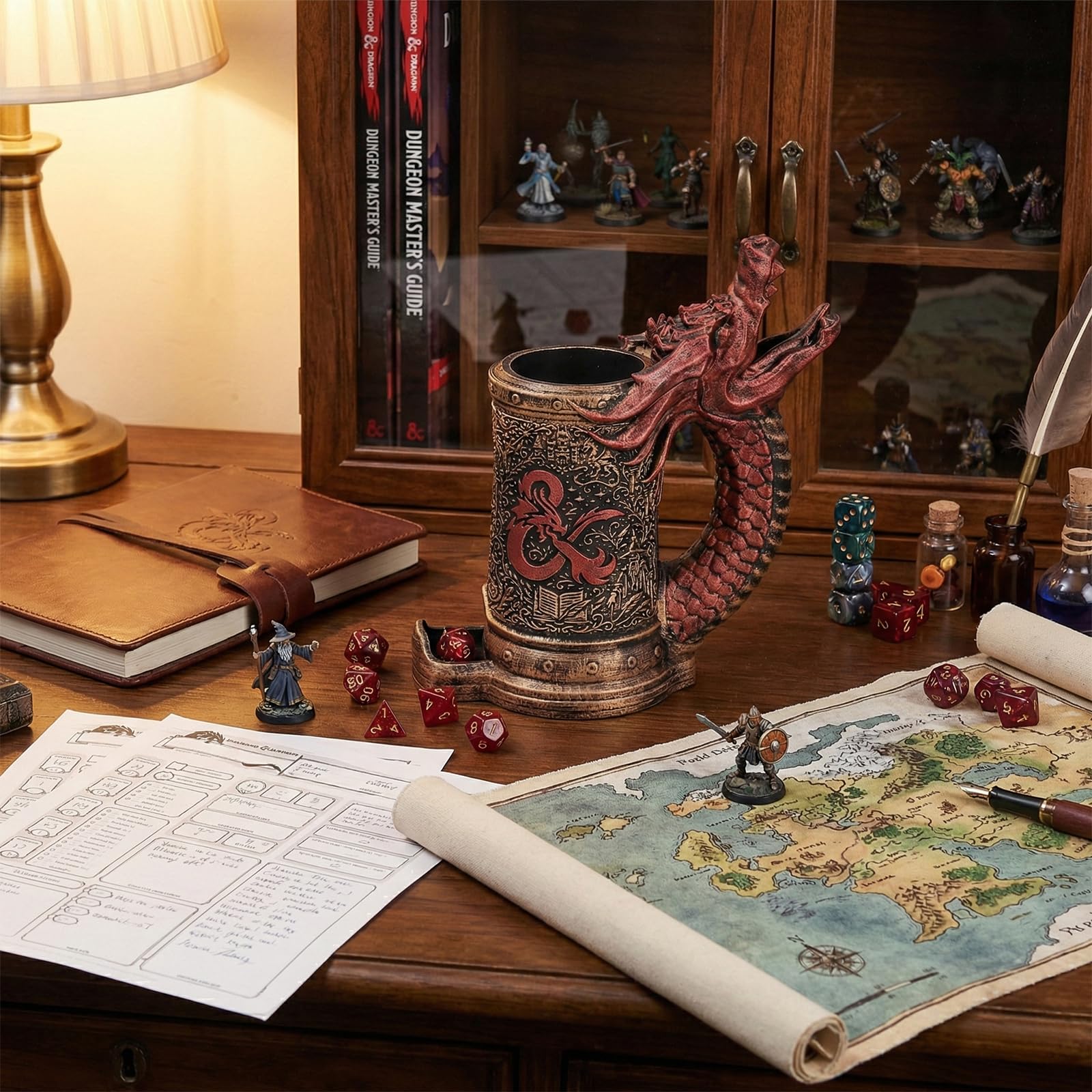 Dice Tower Tazza DND Dice Rolling Tower con 7 dadi Set | Red Dragon Dice Tower adatto per Dungeons and Dragons, giochi da tavolo, disponibile come portabevande, regali RPG.