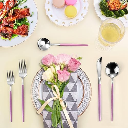 Miniatura 6 de LAZAHOME - Juego de cubiertos de 20 piezas con mango rosa, juego de cubiertos de acero inoxidable para 4, juego de utensilios de cocina incluido