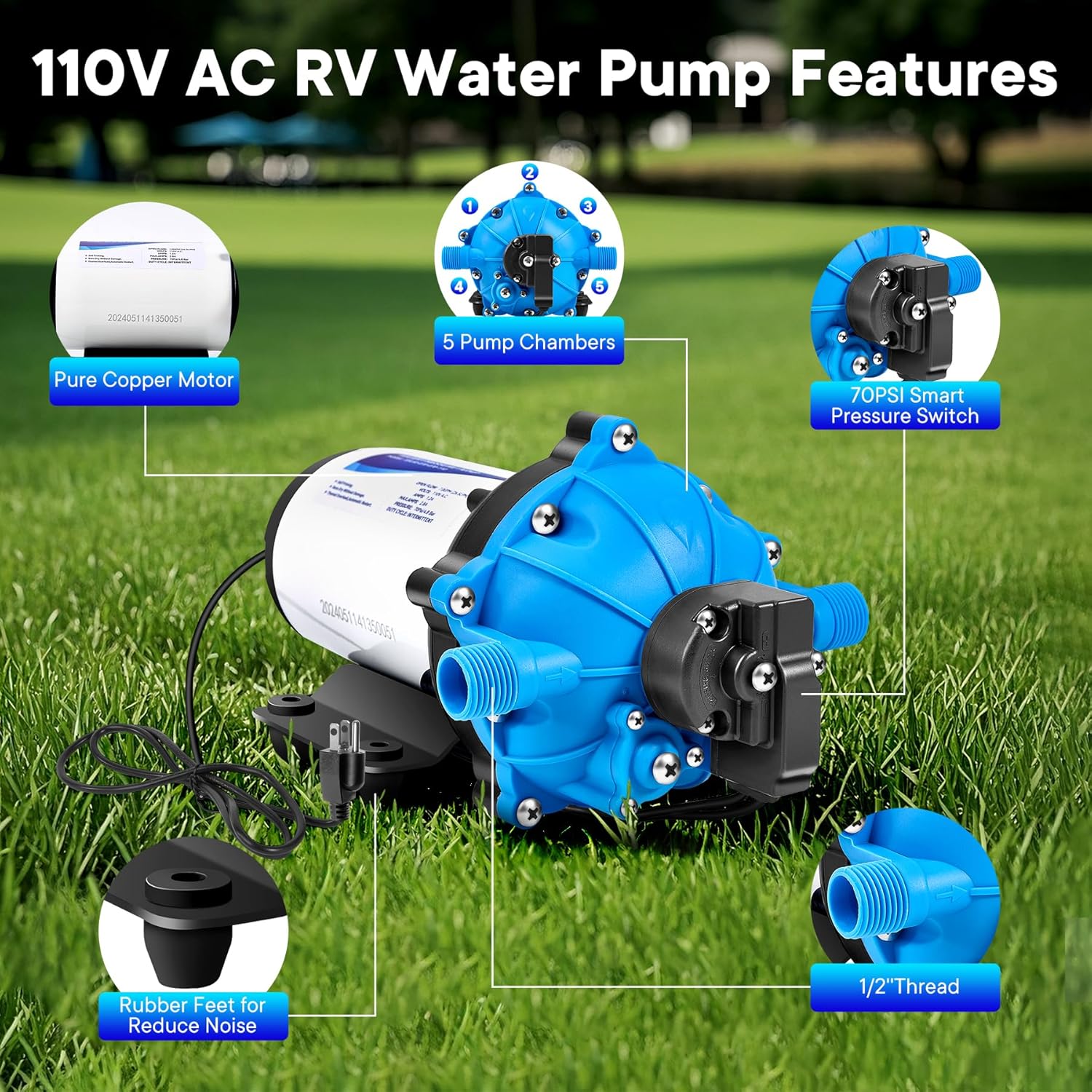 Heuyrao RV Fresh Water Pump 110V AC 7.0GPM 70PSI 5 Chamber Self Priming Water Pressure Diaphragm Pump with Power Plug for Kitchen,Bathroom,RV Marine,Camper,Garden,Trailer