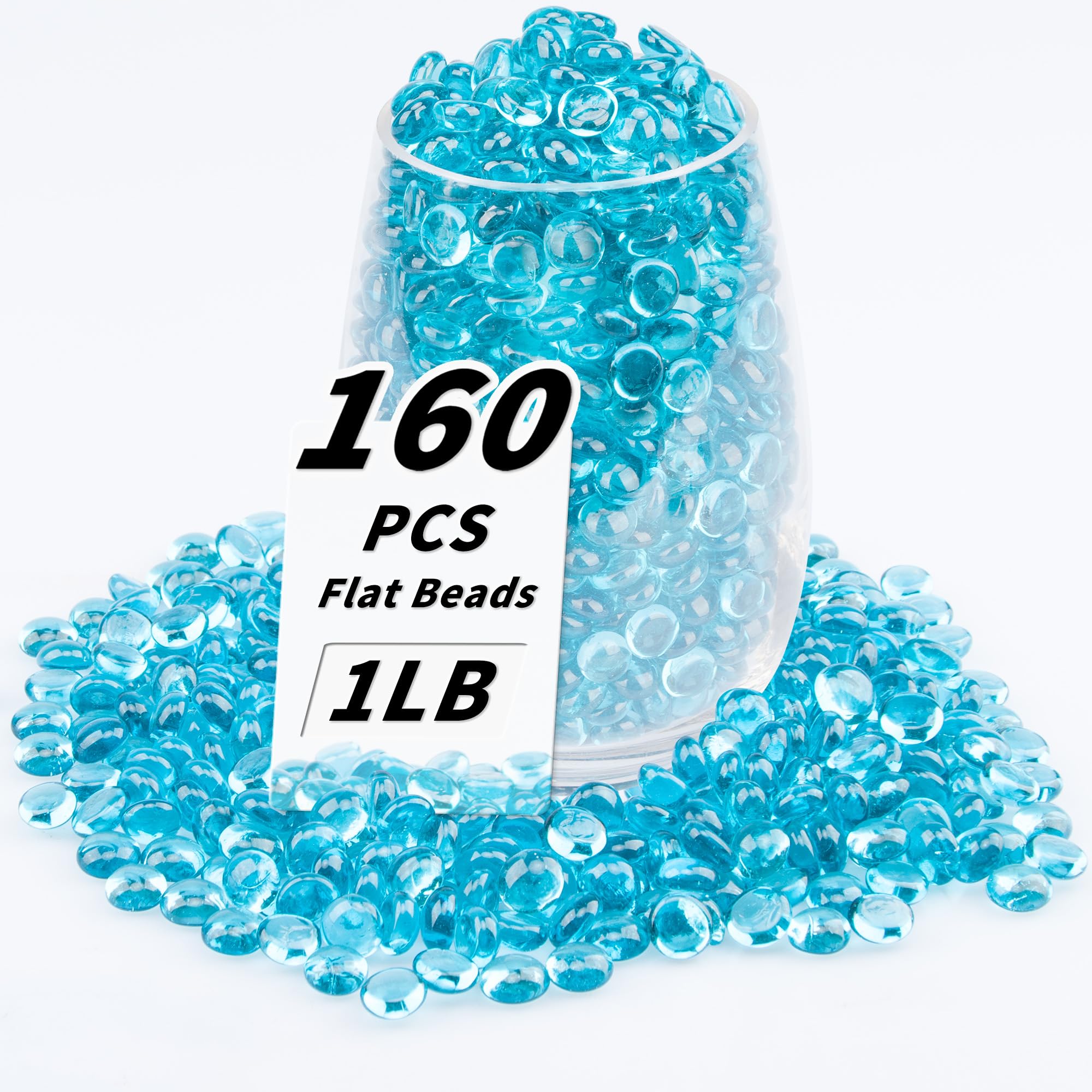 1 LB Sea Blue Flat Glass Beads, 160-180PCS Small Glass Marbles