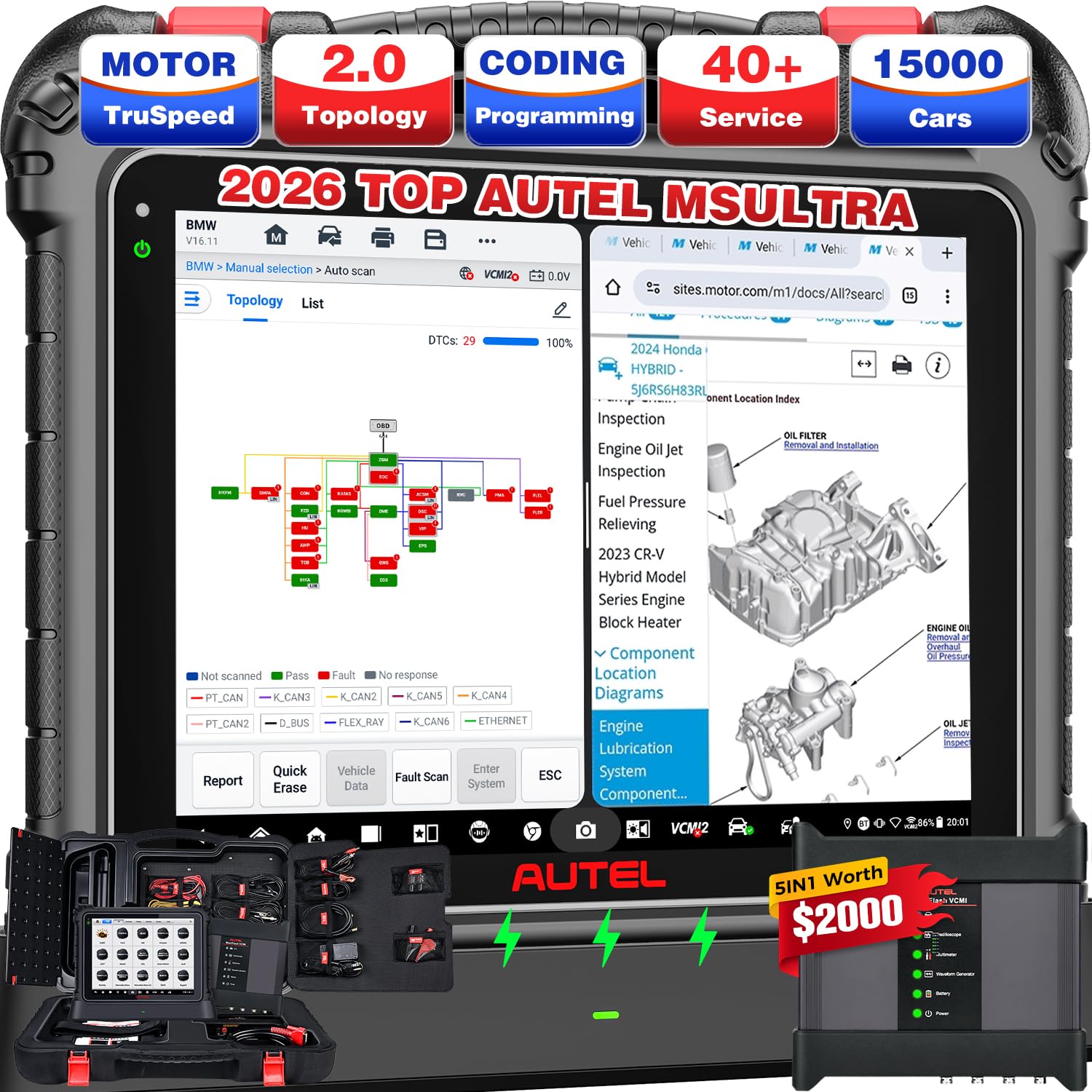 Autel MaxiSYS Ultra Scanner, 2026 MSUltra Top Intelligent Scan Tool, Motor TruSpeed, Topology 2.0, [$2000] 5in1 VCMI J2534 Built-in, Up of MS919 MS909 Ultra Lite, 40+ Services 3000+ Tests 12/ 256GB