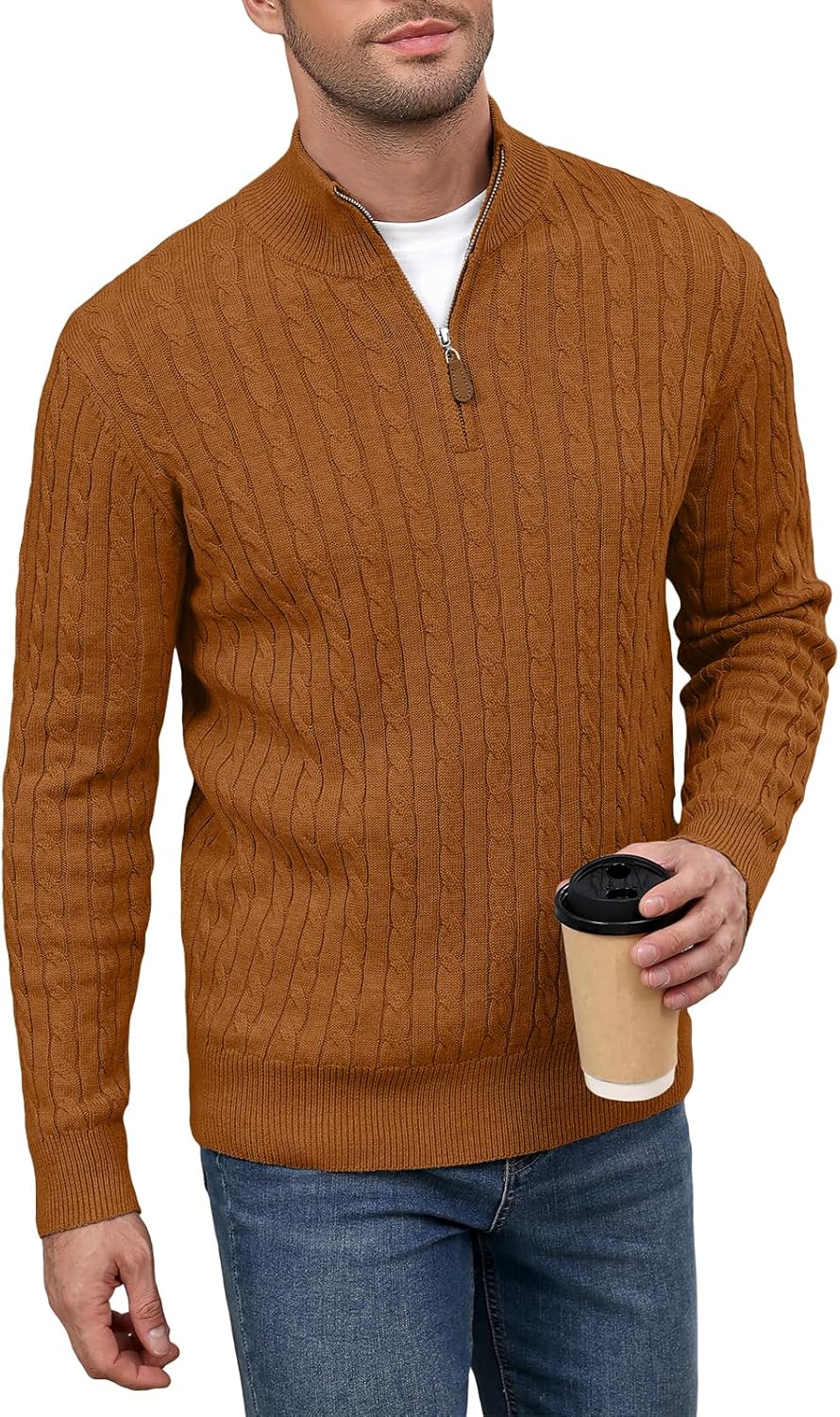 Auxo Men's Quarter Zip Pullover Sweater Cable Knit Casual Stand Collar Texture Knitted Sweaters