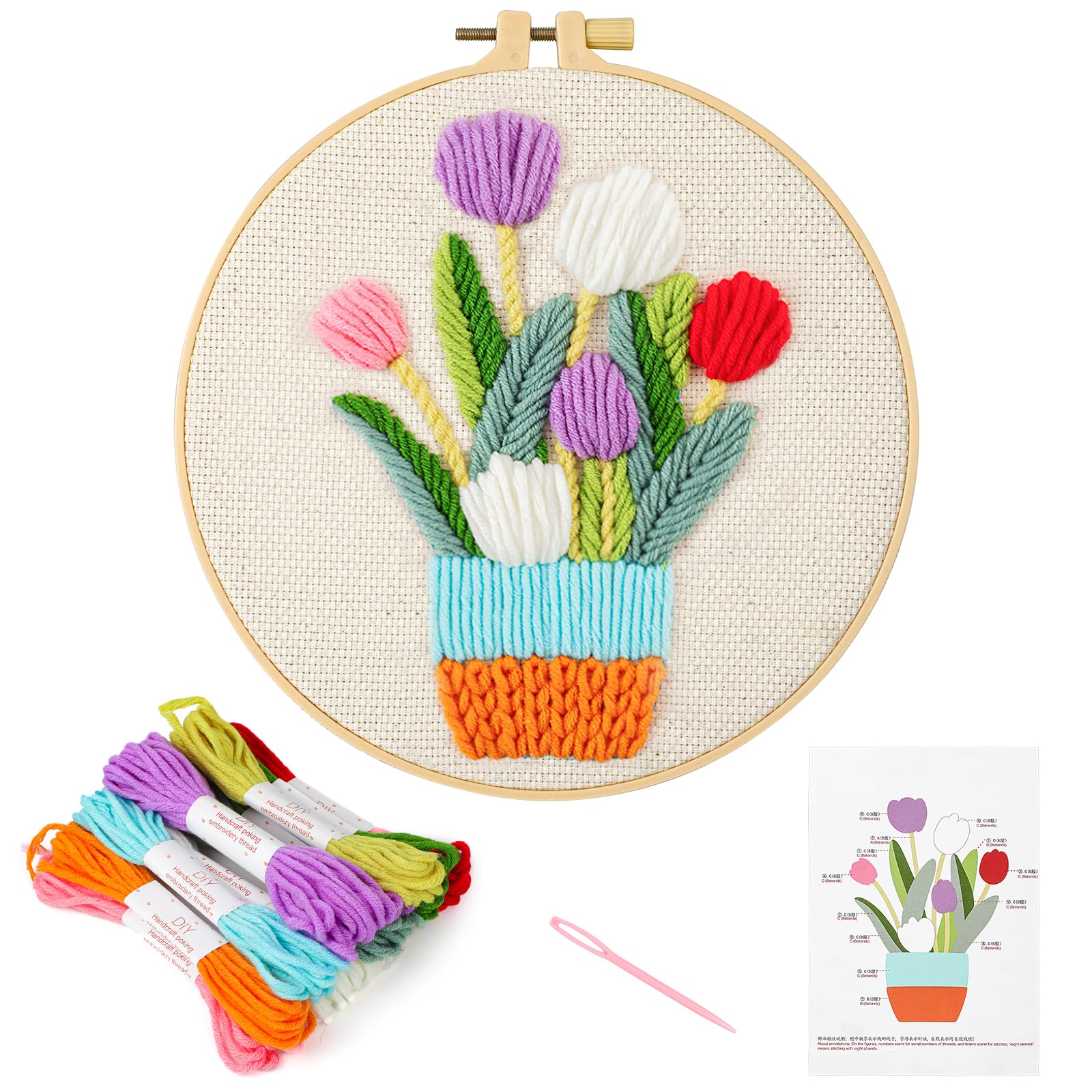 Flower Needlepoint Embroidery Kits for Beginners, Punch Needle Kits for Adult Kids, Stamped 3D Cross Stitch Starter Kit for DIY Craft with Embroidery Hoop, Needle and Threads