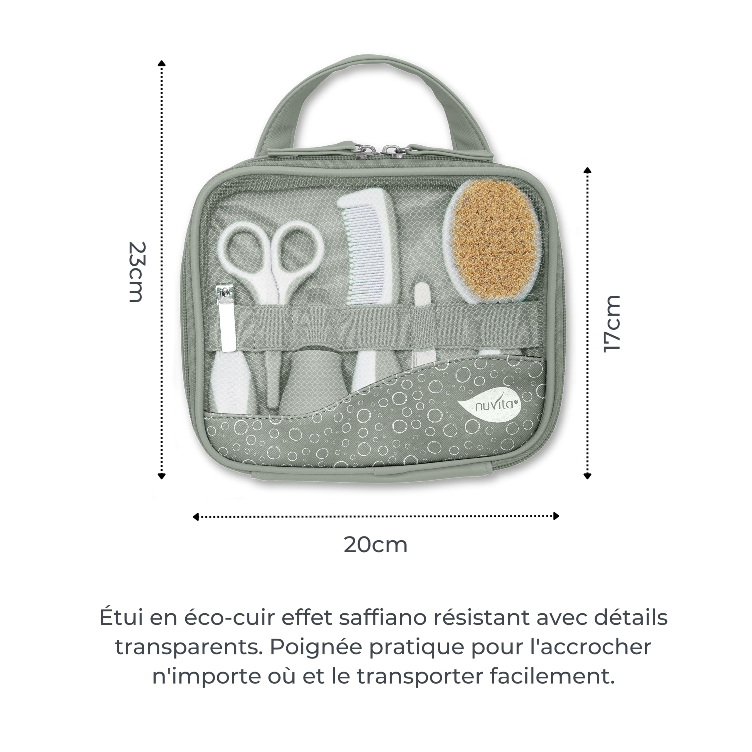 Nuvita 1146 | Ensemble Complet de Soins pour bébé | Trousse de Bain | Beauté pour bébé | Ciseaux à Ongles et Cheveux | Idéal pour la Maternelle et Les Voyages | sans BPA | Sage Green