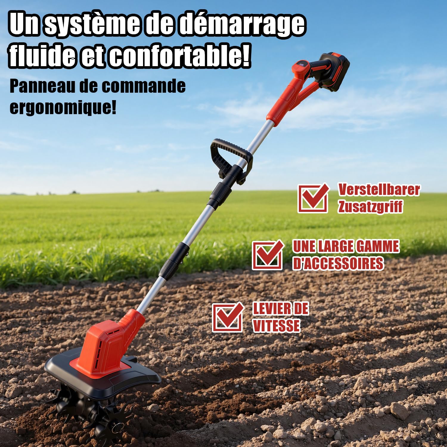 Fresa de jardín con batería de 21 V con 2 baterías de 3000 mAh, azada de 400 W, 20 cm de ancho de trabajo de 15 cm de profundidad de trabajo, fresadora plegable con 4 cuchillos, mango de 130 – 145 cm