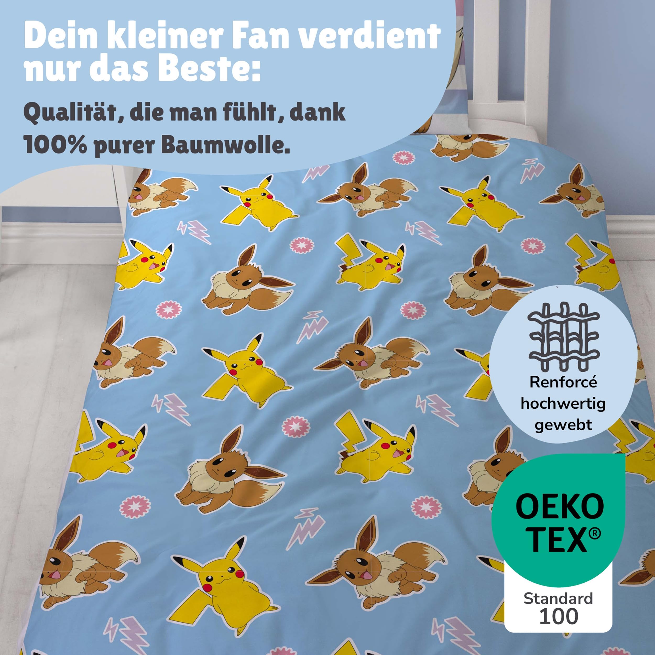 Familando – Pokémon Bettwäsche Set (2-teilig) – Decken- & Kissenbezug 135x200 cm & 80x80 cm mit Reißverschluss – Wendemotiv mit Pikachu & Evoli – 100% Baumwolle – Farbecht & pflegeleicht - Öko-Tex