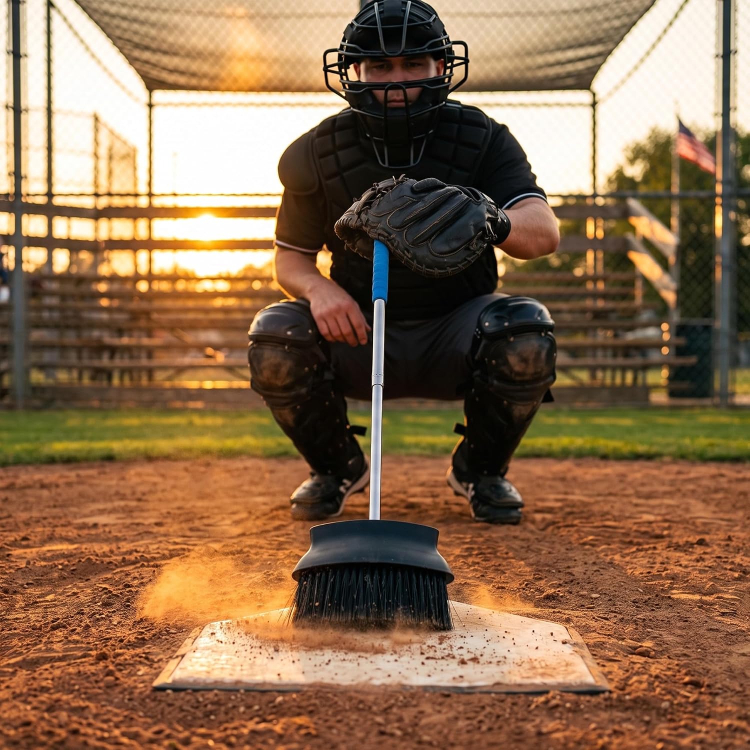 Umpire Brush with Telescopic Handle, Ergonomic Blue Grip, Durable Plastic Base, Nylon Bristles, Extendable Design for Baseball and Softball Plate Cleaning