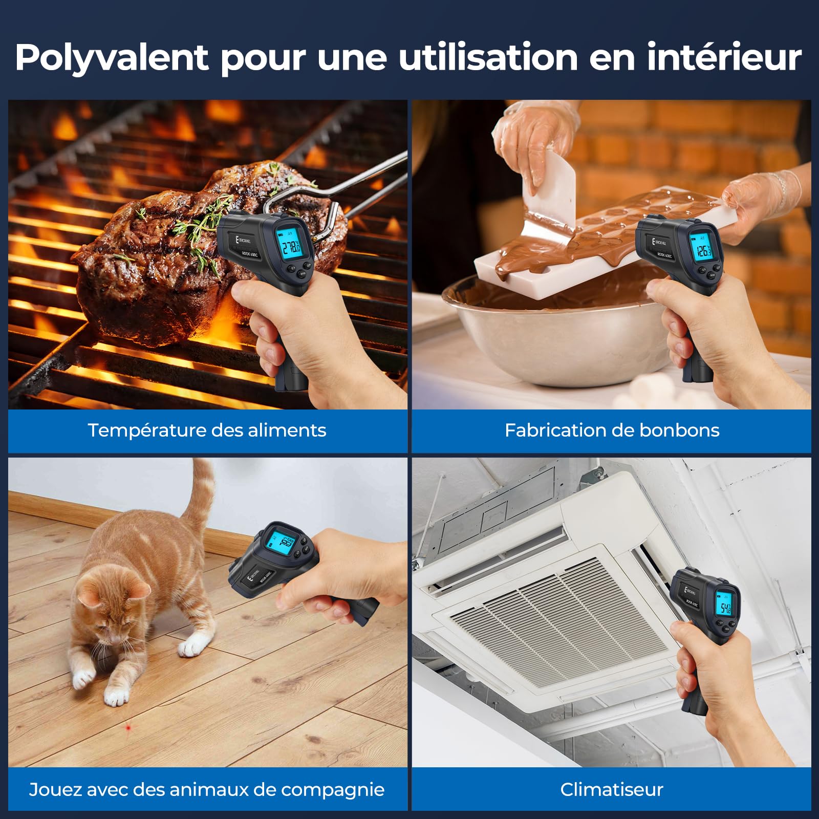 ERICKHILL Thermomètre infrarouge -50 ℃ ~ 600 ℃ Taille compacte Thermomètre laser sans contact Pistolet Écran LCD rétroéclairé Émissivité réglable - pour réparation de véhicules/cuisine/alimentation
