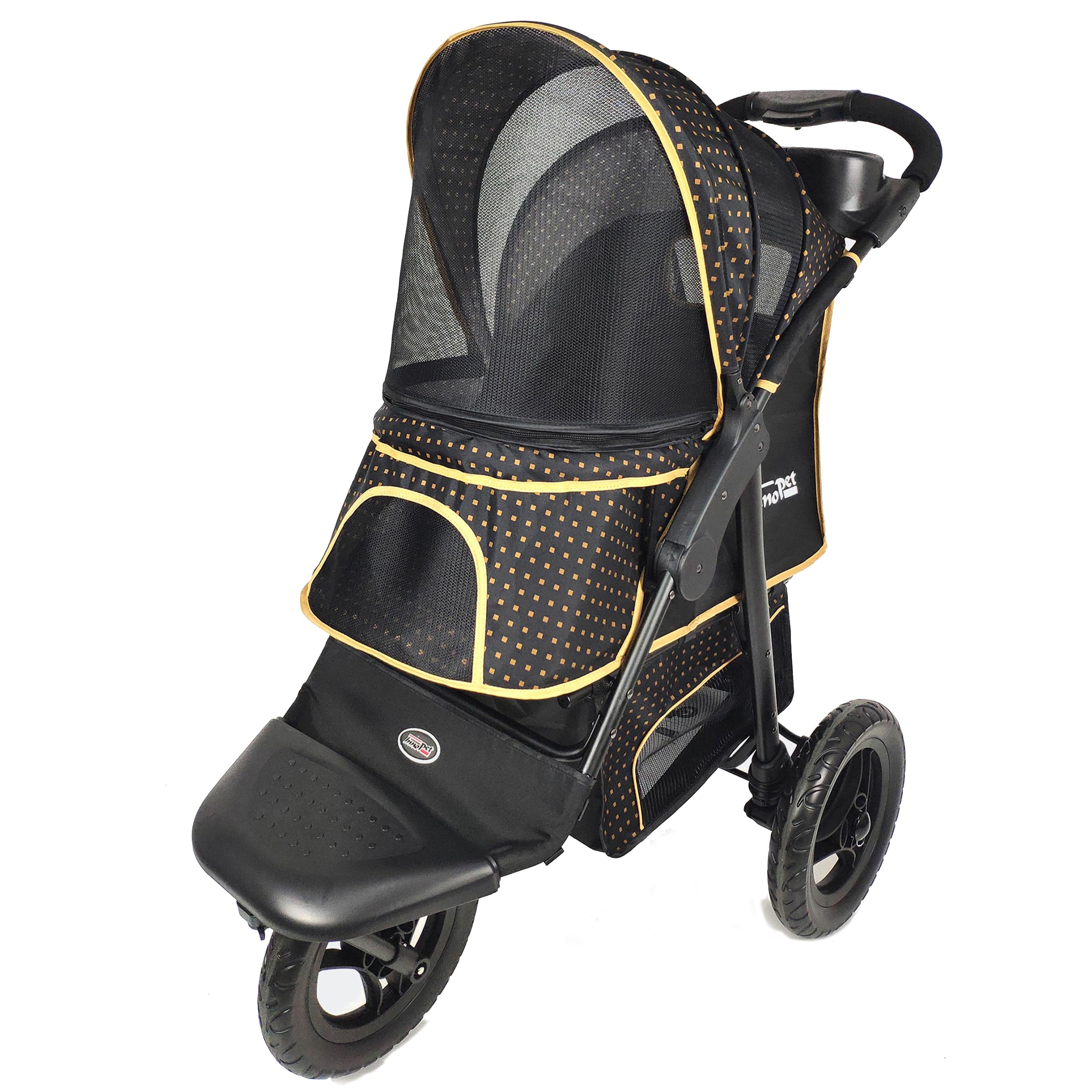Passeggino Innopet Adventure per cani e gatti, nero/giallo - Passeggino fuoristrada Capacità 30 kg - Ruote antiforatura - Chiusura con una sola mano - Portabicchieri e ampio vano portaoggetti