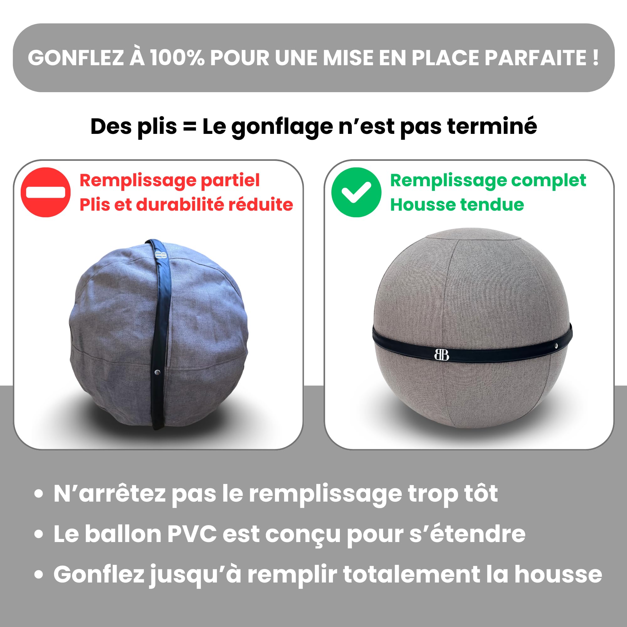 Siège Ballon - Ballon Ergonomique Bureau & Yoga - Chaise Ballon Anti Mal de Dos - Assise Dynamique & Posture Renforcée - Capacité 180Kg - Housse Lavable Anti-Dérapante (Gris)