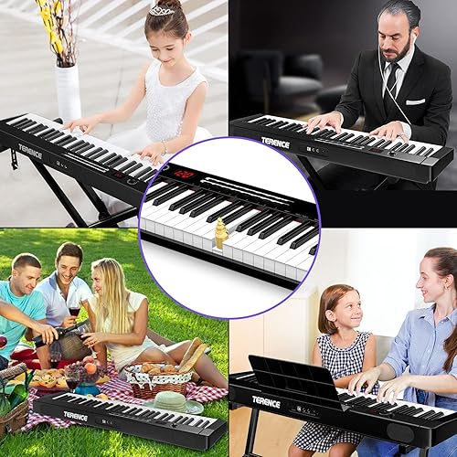 Miniatura 8 de TERENCE Teclado de piano de 61 teclas, piano digital electrónico con teclas semipesadas, pantalla LCD, soporte para piano, fuente de alimentación,
