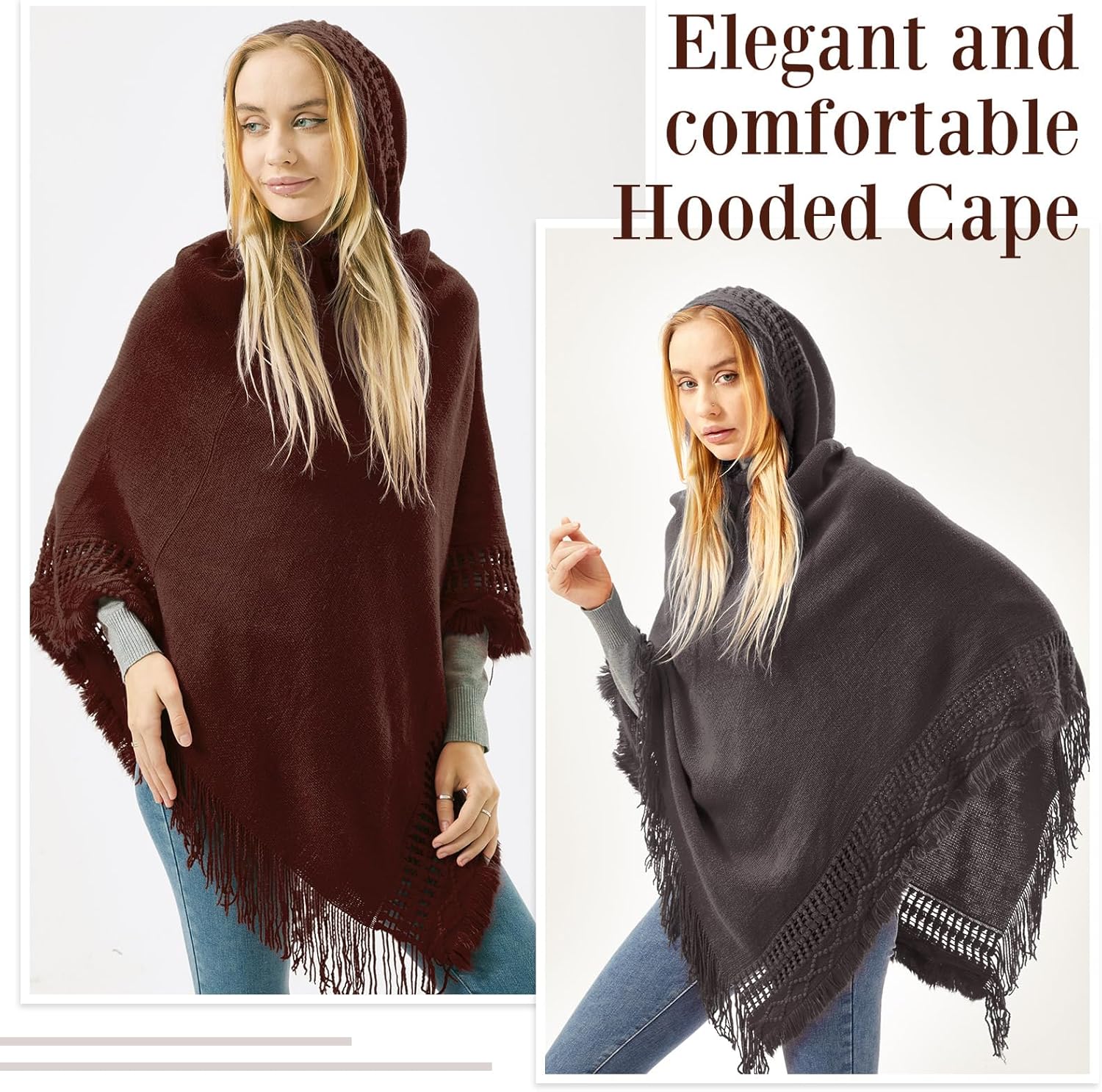 Liitrsh Shawl Poncho Sweaters for Women Knitted Hooded Cape with Fringed Hem Crochet Poncho Pullover Sweaters - Image 5
