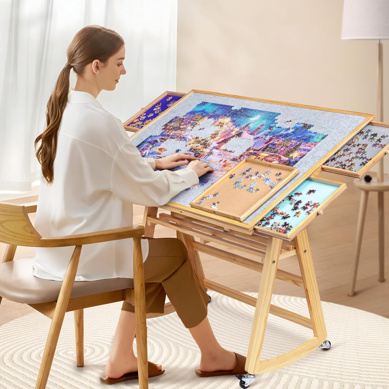 LAVIEVERT 1500 Piece Tilting Puzzle Table with 5 Colored Drawers & Cover, Adjustable Jigsaw Puzzle Board with Storage, Portable Wooden Table with Legs, 4 Wheels & Non-Slip Tabletop for Adults