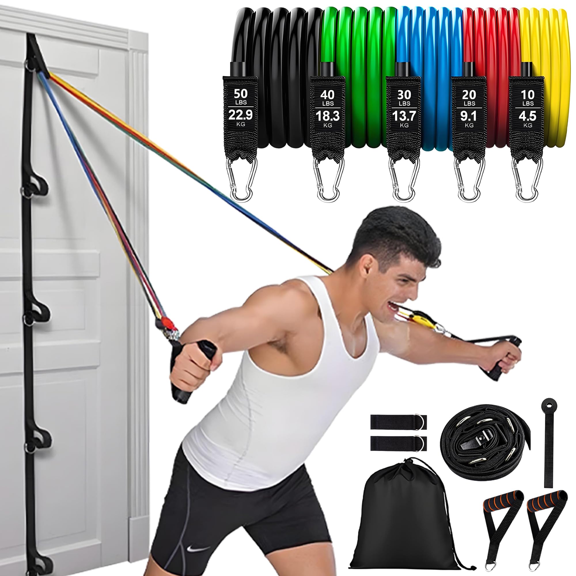 Photo 1 of Resistance Bands Set with Door Anchor Training System, 5 Colors Stackable up to 150LBS, Includes 5-Angle Door Training Tool, Home Full Body Workout Bands, Handles, Ankle Straps, Portable Bag