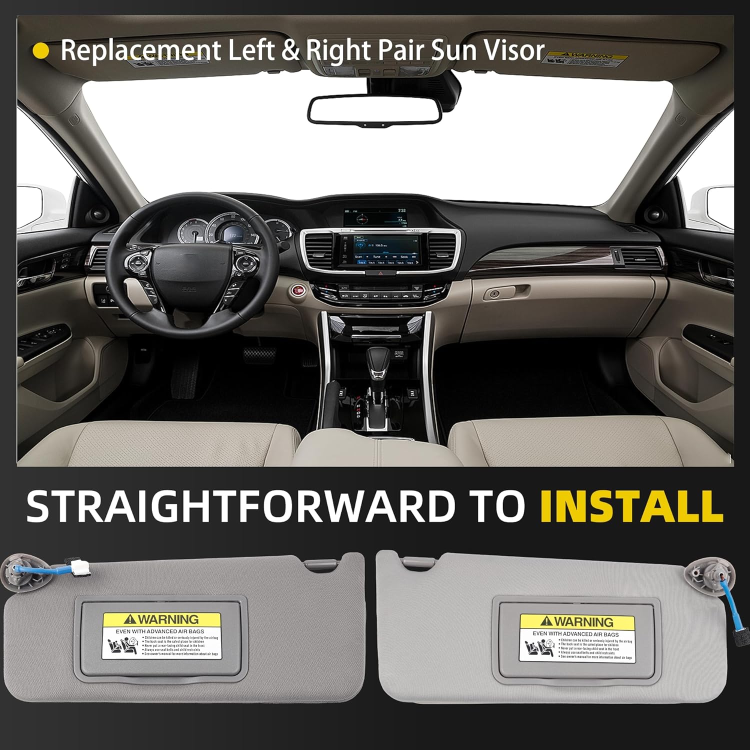 Dasbecan Gray Pair Left Driver and Right Passenger Side Sun Visor with Light Compatible with Honda Accord 2008-2017 Replaces# 83280-TA5-A71ZA 83280-TA5-A51ZA