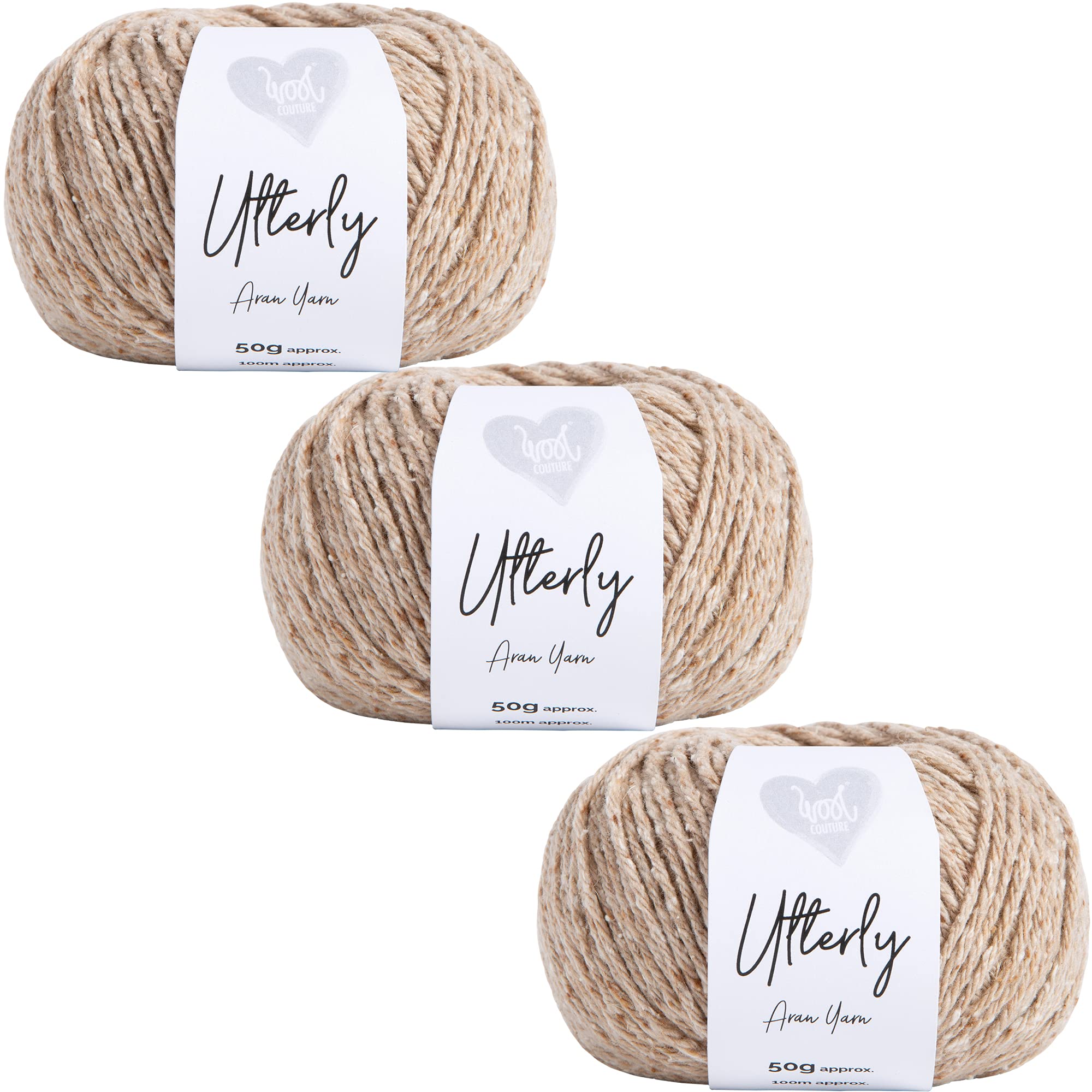 Wool Couture, Utterly Aran Yarn 50g Ball - Machine Washable Aran Weight Yarn - Wheat, 3-Pack