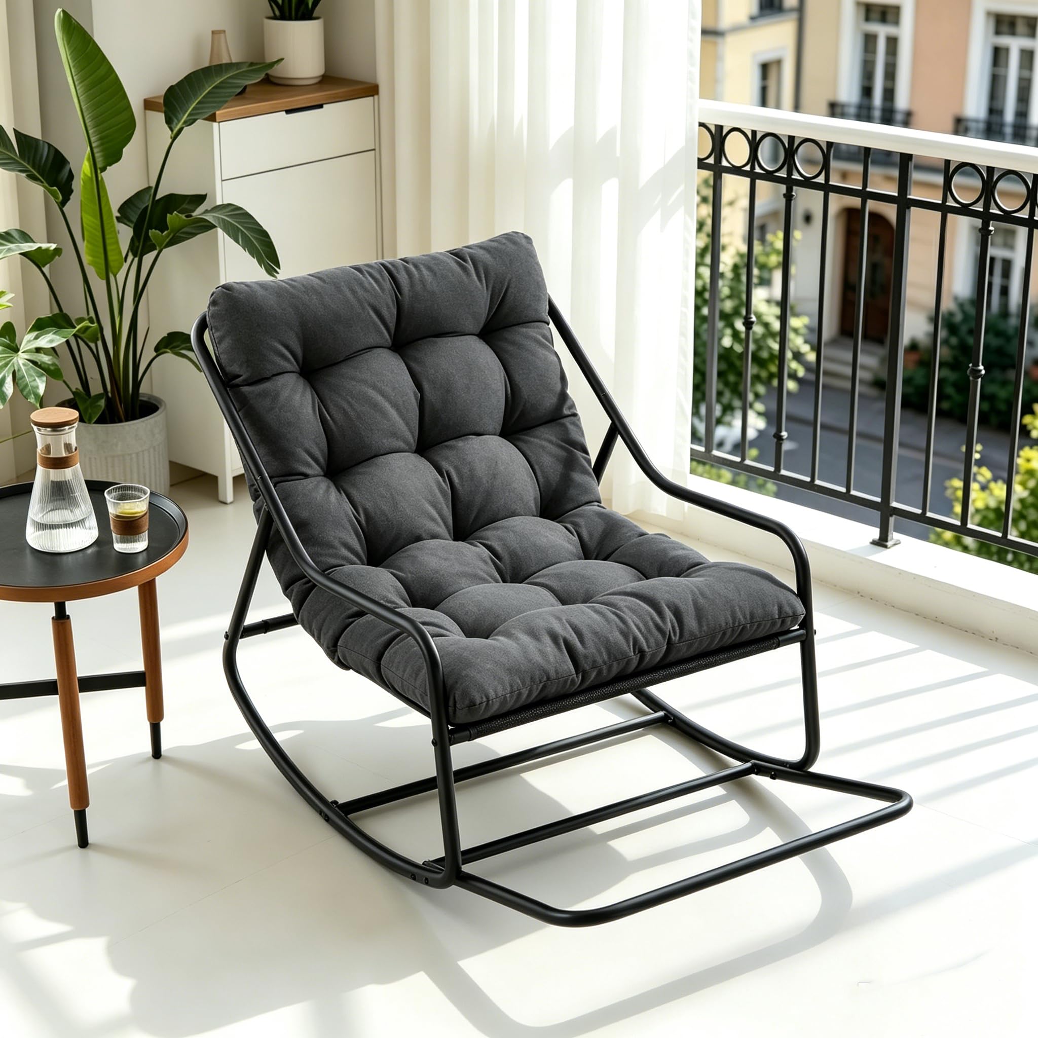 Ball & Cast Schaukelstuhl für Drinnen & Draußen, Rocking Chair mit Gepolstertem Kissen und Fußstütze, Moderner Balkonsessel für Wohnzimmer, Garten & Terrasse, Grau