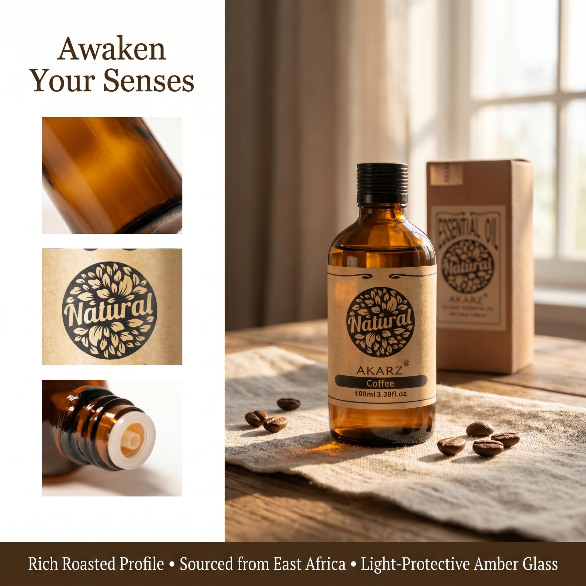 AKARZ 100ml Olejek esencjny z Kawy - Naturalny olejek aromatyczny do dyfuzorów, lamp aromatycznych i aromatów pomieszczeń