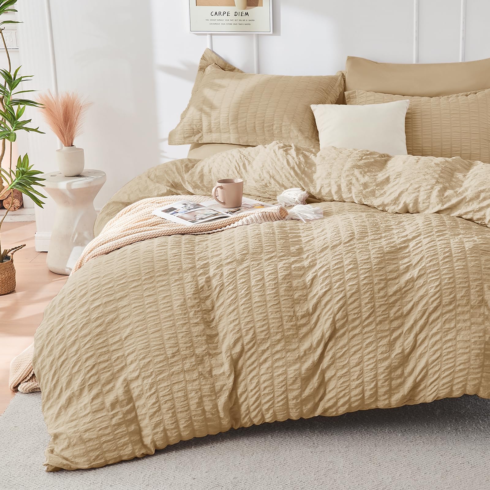 Photo 1 of HYMOKEGE Khaki Duvet Cover Queen Size, Ultra Soft 3-Piece Seersucker Duvet Cover Set with Zipper Closure, Soft Brushed Microfiber Bedding Set with 8 Corner Ties (90"x90", 2 Pillowshams)