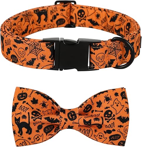 Lionet Paws Collar de moño para perro de Halloween, lindo collar de algodón ajustable para perro con corbatín para perro pequeño, mediano y grande,