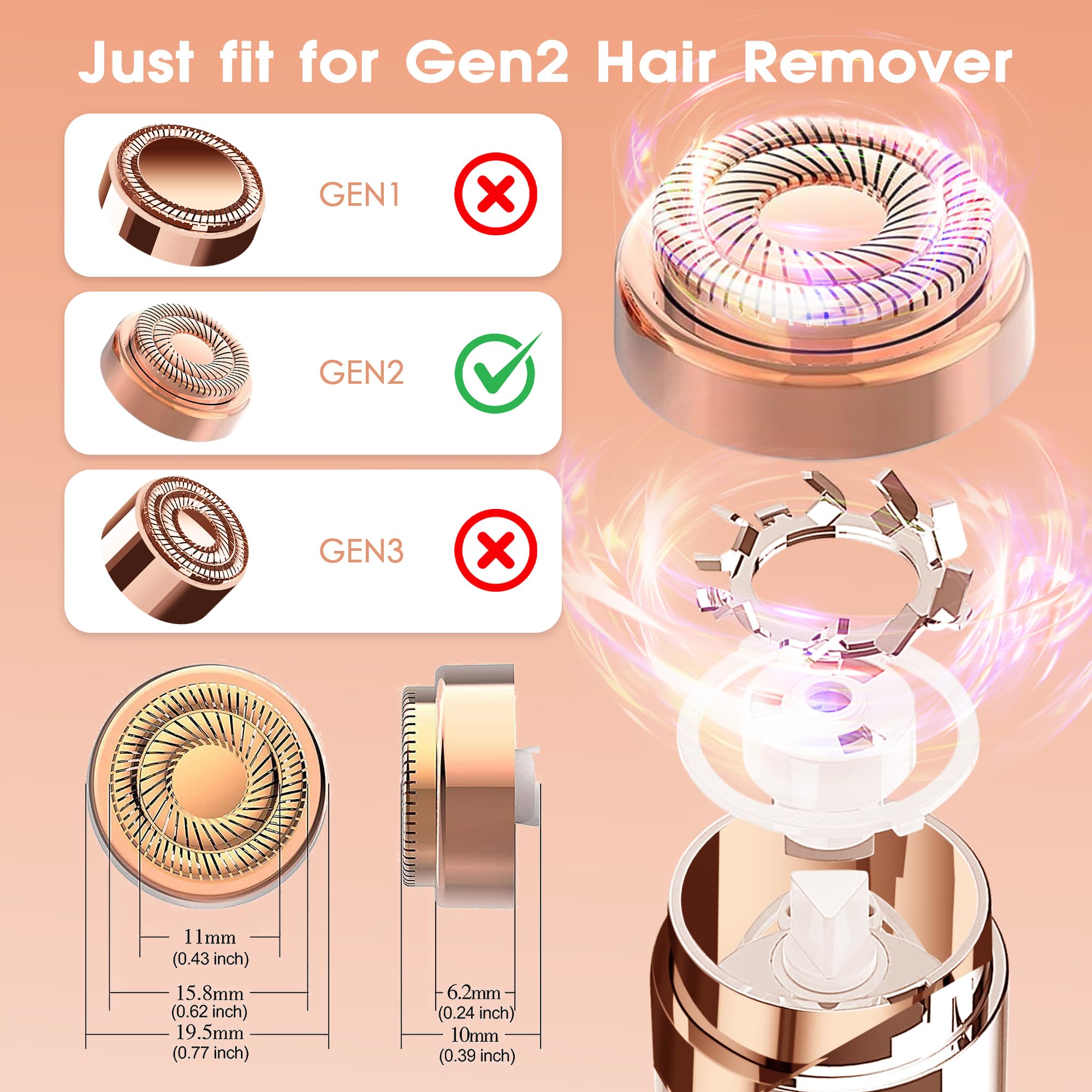 Testine di ricambio per il dispositivo di rimozione dei peli facciali Flawless per le donne, lame di ricambio per le testine di ricambio Flawless Gen 2, oro 18k con borsa di flanella Gurelax (6)