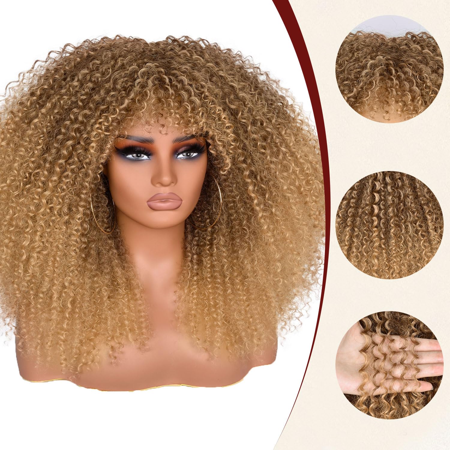 Lizzy Curly Afro Wigs for Black Women 18 Inches Afro Bomb Curly Wig with Bangs Synthetic Fiber Glueless Long Kinky Curly Hair Wigs for Daily Party (Ombre Blonde) - Image 3
