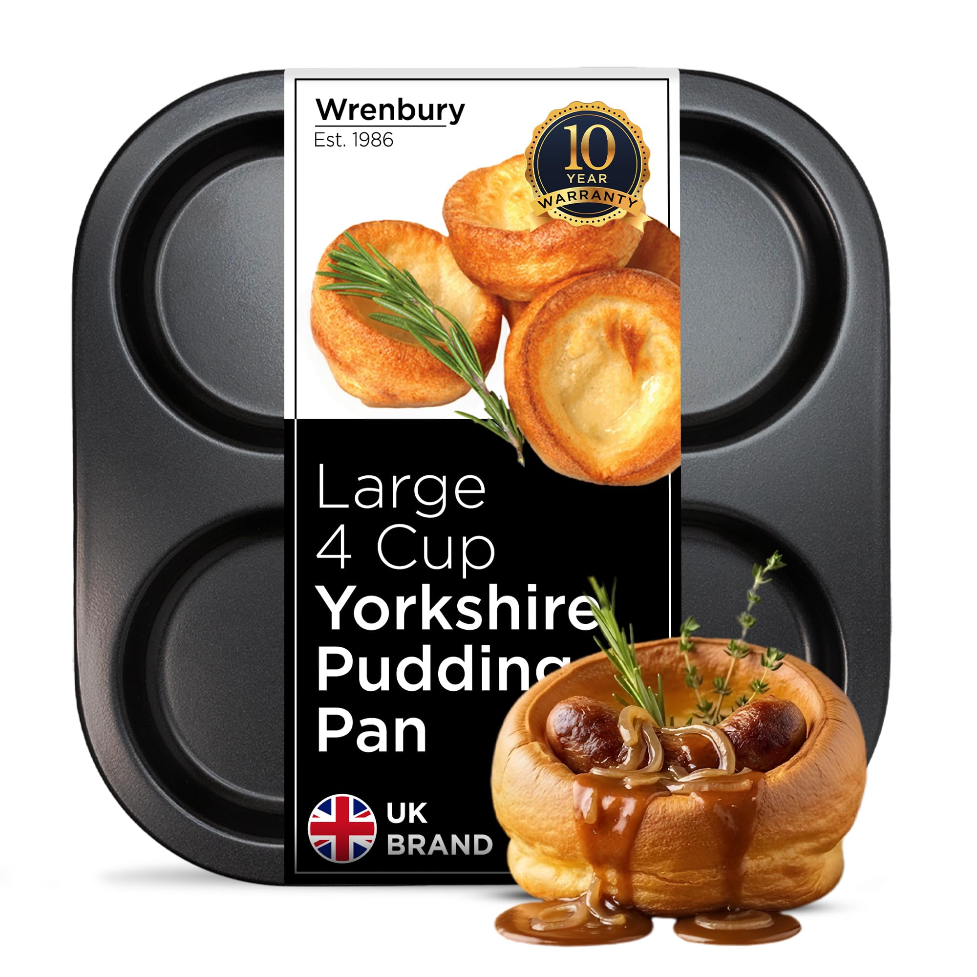 Wrenbury Pro Extra Large Yorkshire Pudding Tray - 4 Hole 10cm Non-Stick Tin - Heavy Gauge Baking Tray with 10 Year Guarantee - for Giant Yorkies